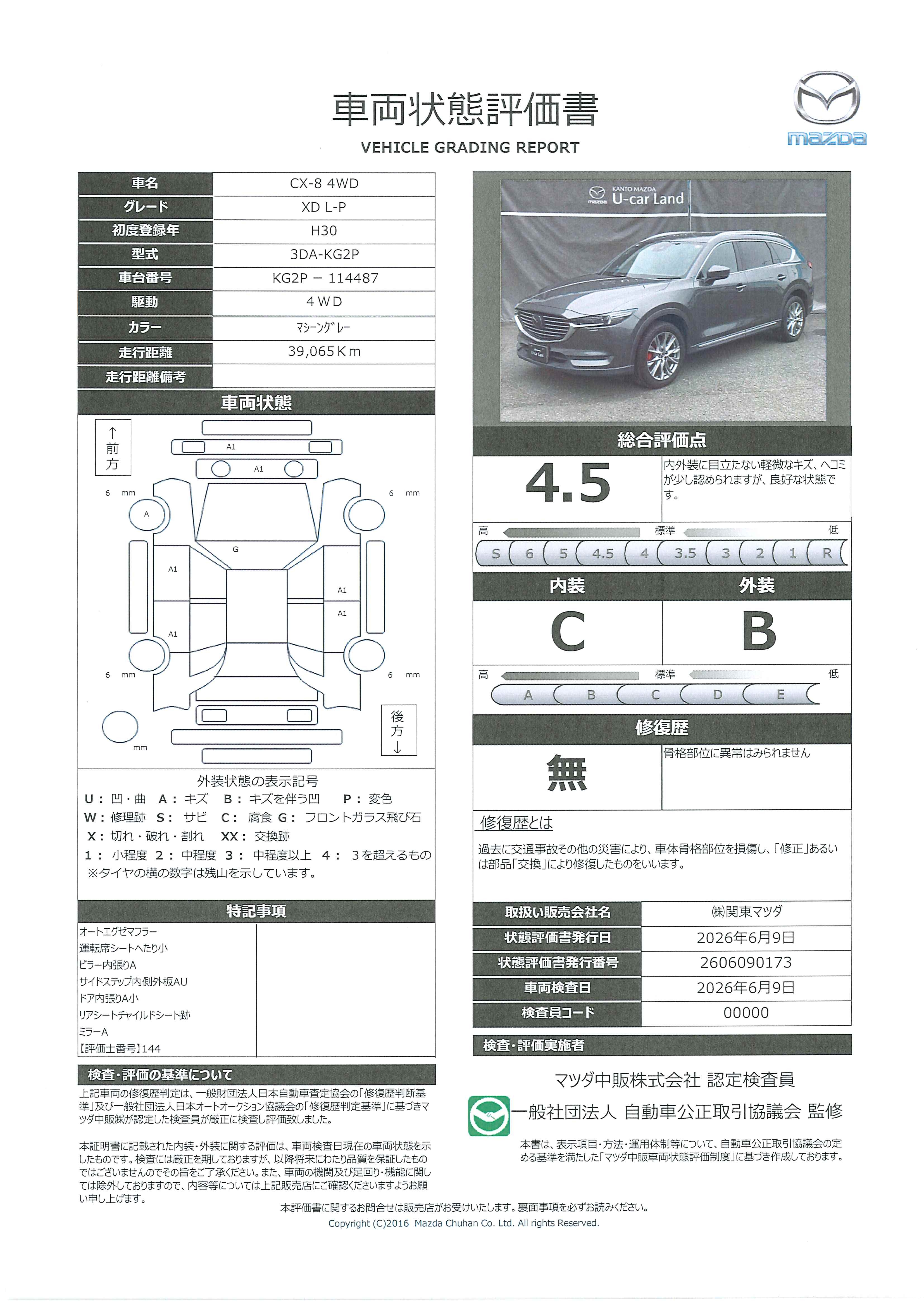 【CX-8　2.2 XD Lパッケージ  4WDディーゼルターボ　6人乗り　712rf003】の車両評価書｜関東マツダ　U-CAR NET ユーカーネット