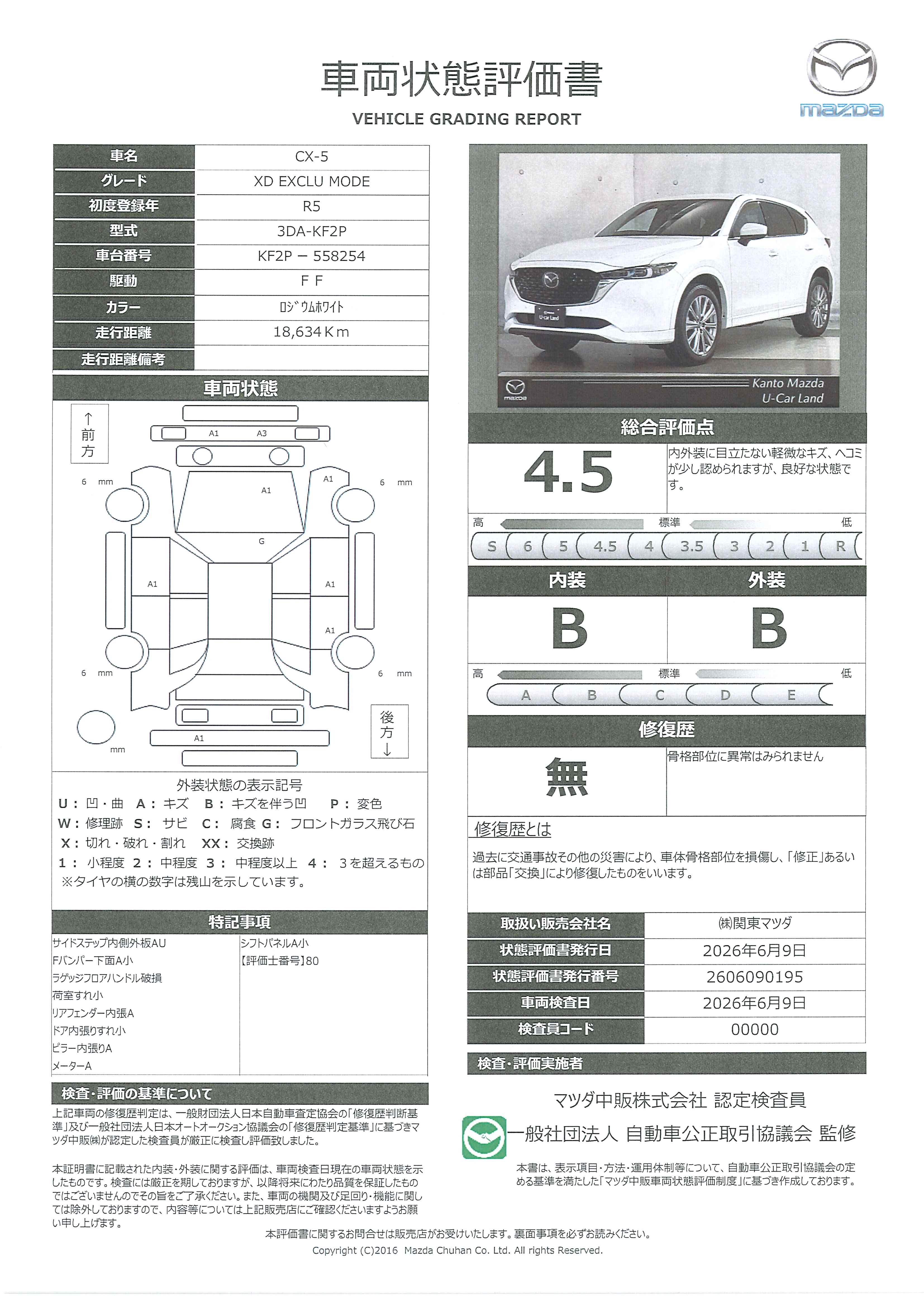 【CX-5　2.2 XD エクスクルーシブ モード  2WDディーゼルターボ　712rf006】の車両評価書｜関東マツダ　U-CAR NET ユーカーネット