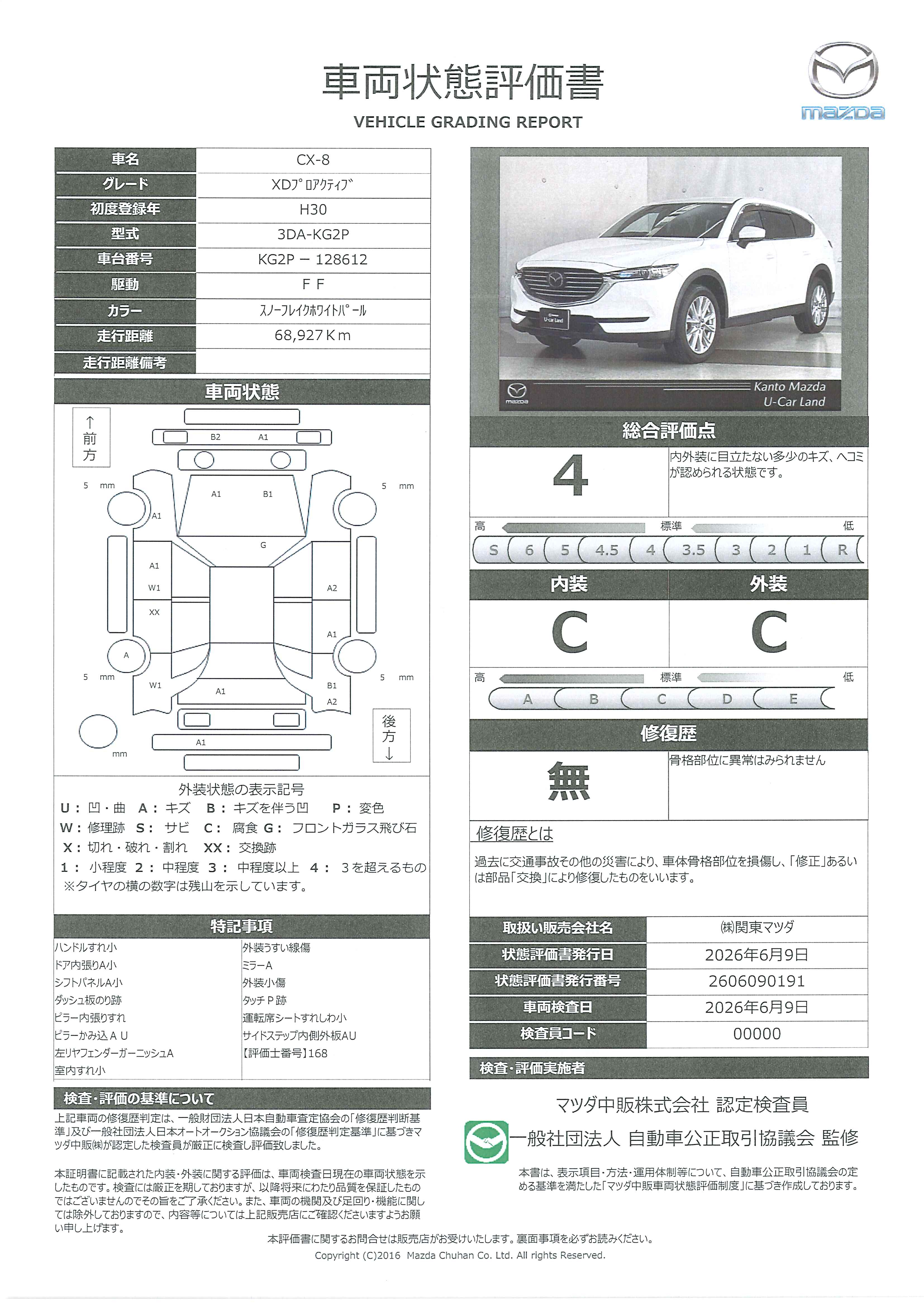 【CX-8　2.2 XD プロアクティブ 　2WDディーゼルターボ　7人乗り　712rf007】の車両評価書｜関東マツダ　U-CAR NET ユーカーネット
