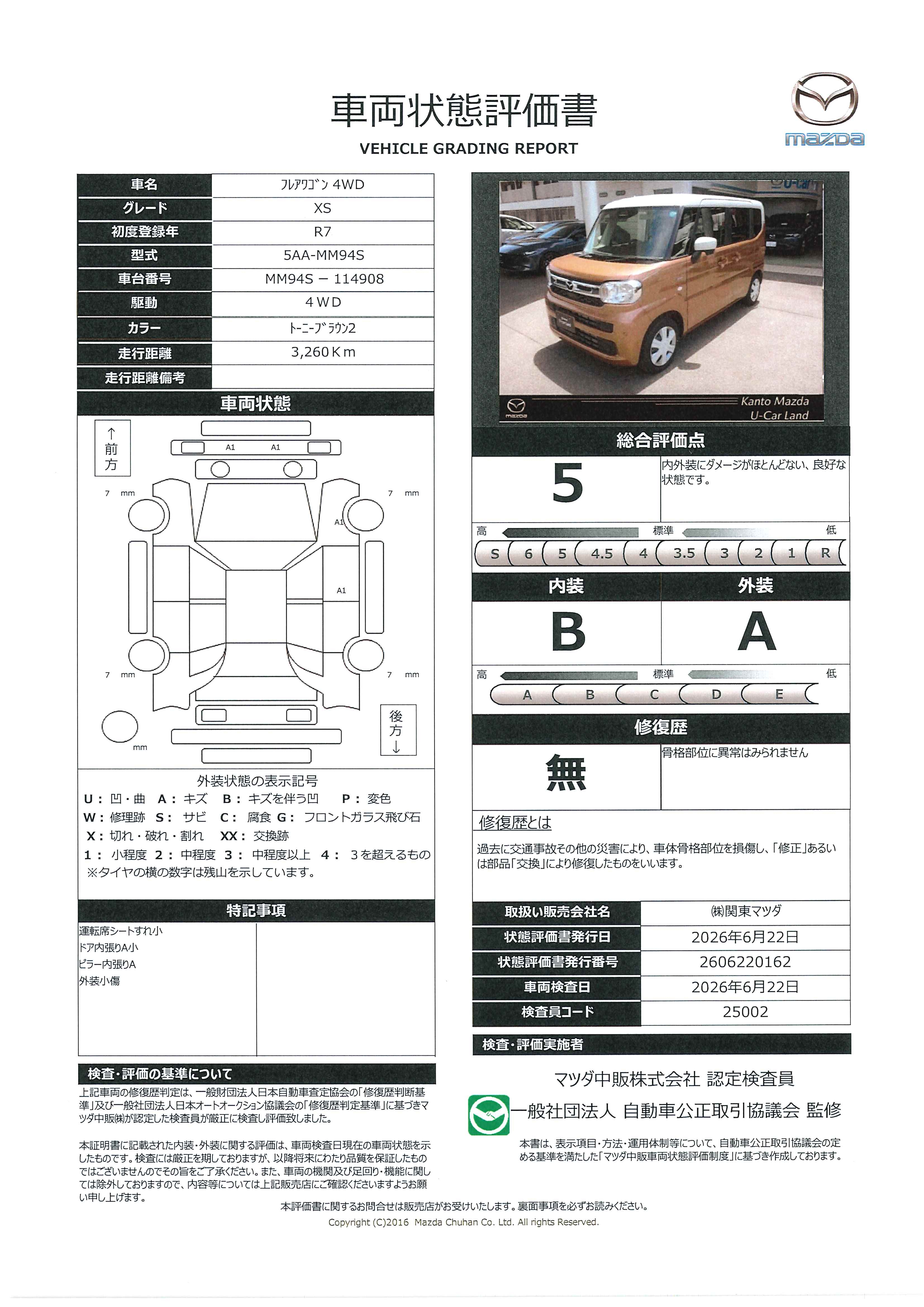 【フレアワゴン　660 XS 4WDガソリンハイブリット 　サービスカーUP　712rf009】の車両評価書｜関東マツダ　U-CAR NET ユーカーネット