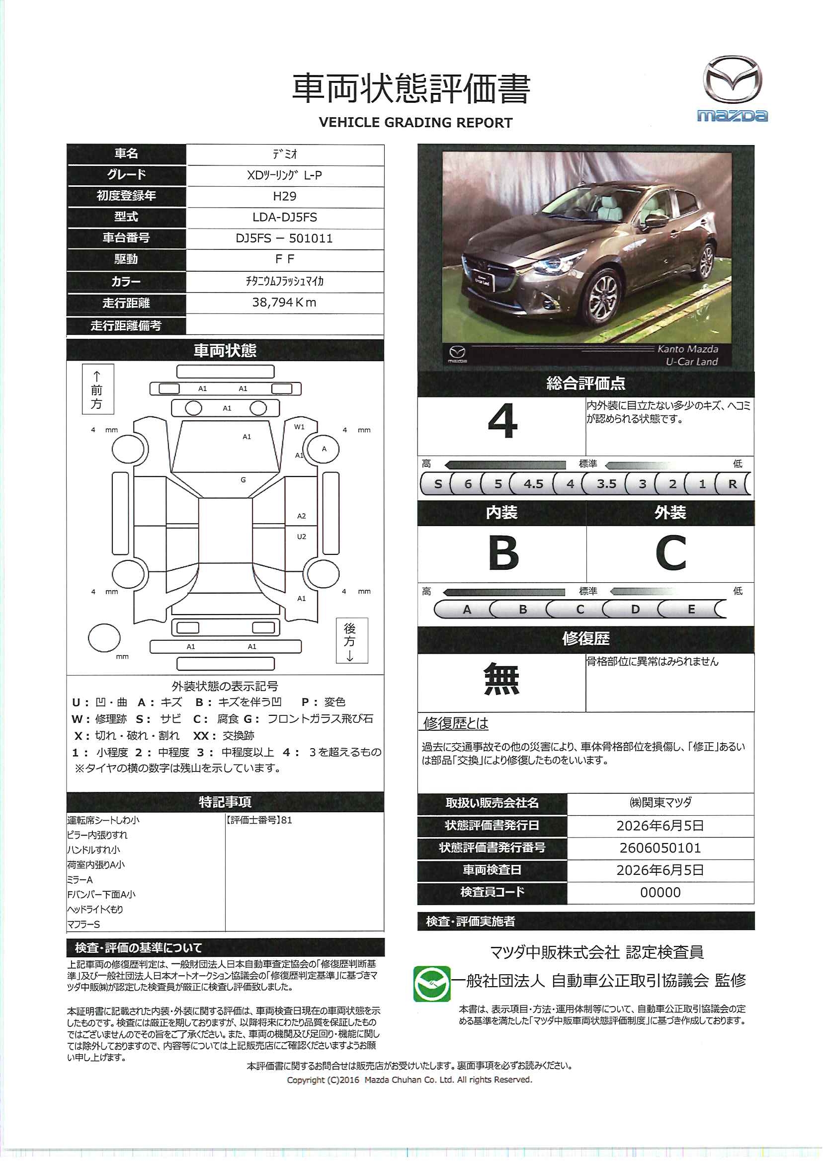 【デミオ　1.5 XD ツーリング Lパッケージ  2WDディーゼルターボ　712rg003】の車両評価書｜関東マツダ　U-CAR NET ユーカーネット