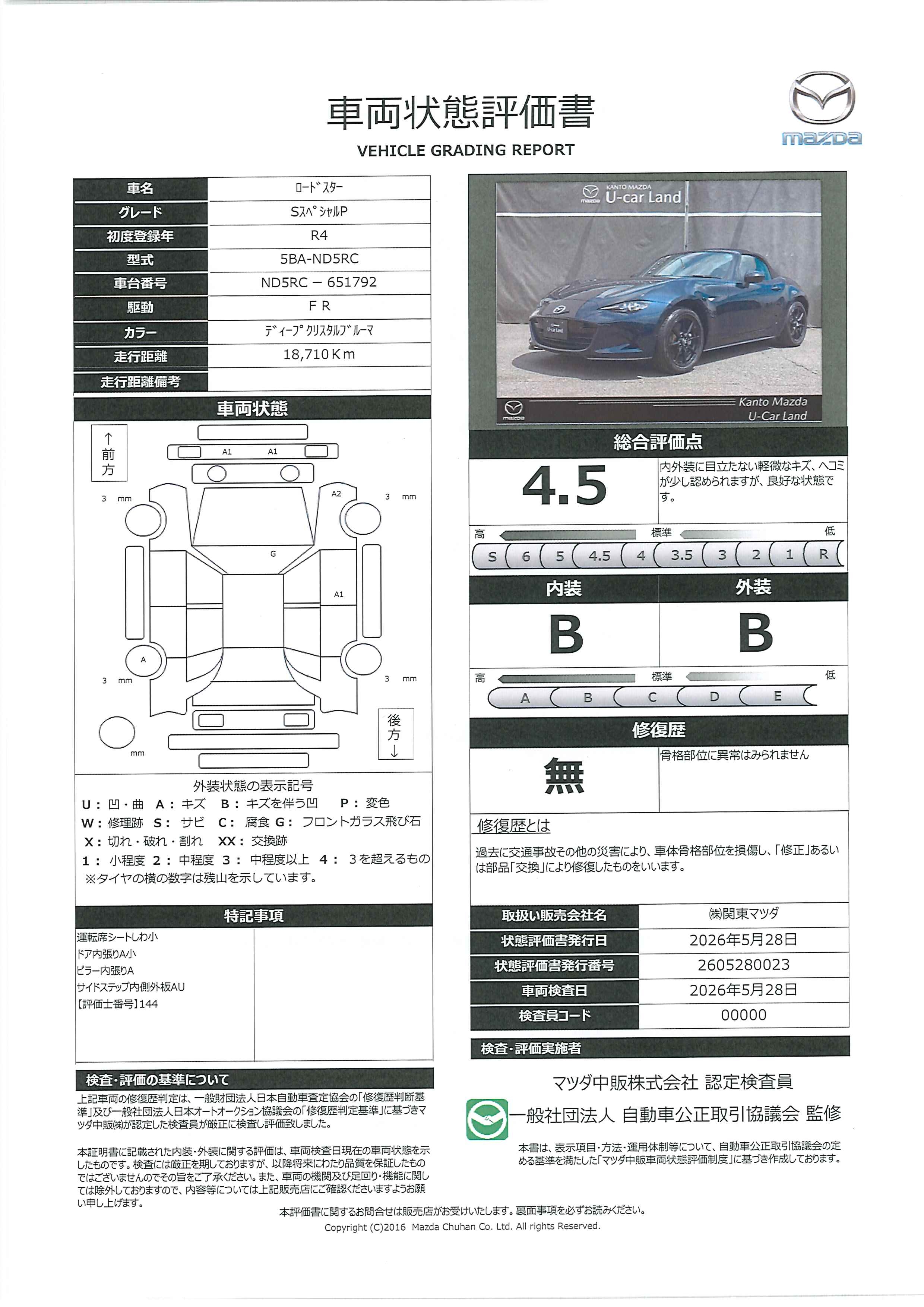 【ロードスター　1.5 S スペシャルパッケージ 2WDガソリン　712rg007】の車両評価書｜関東マツダ　U-CAR NET ユーカーネット