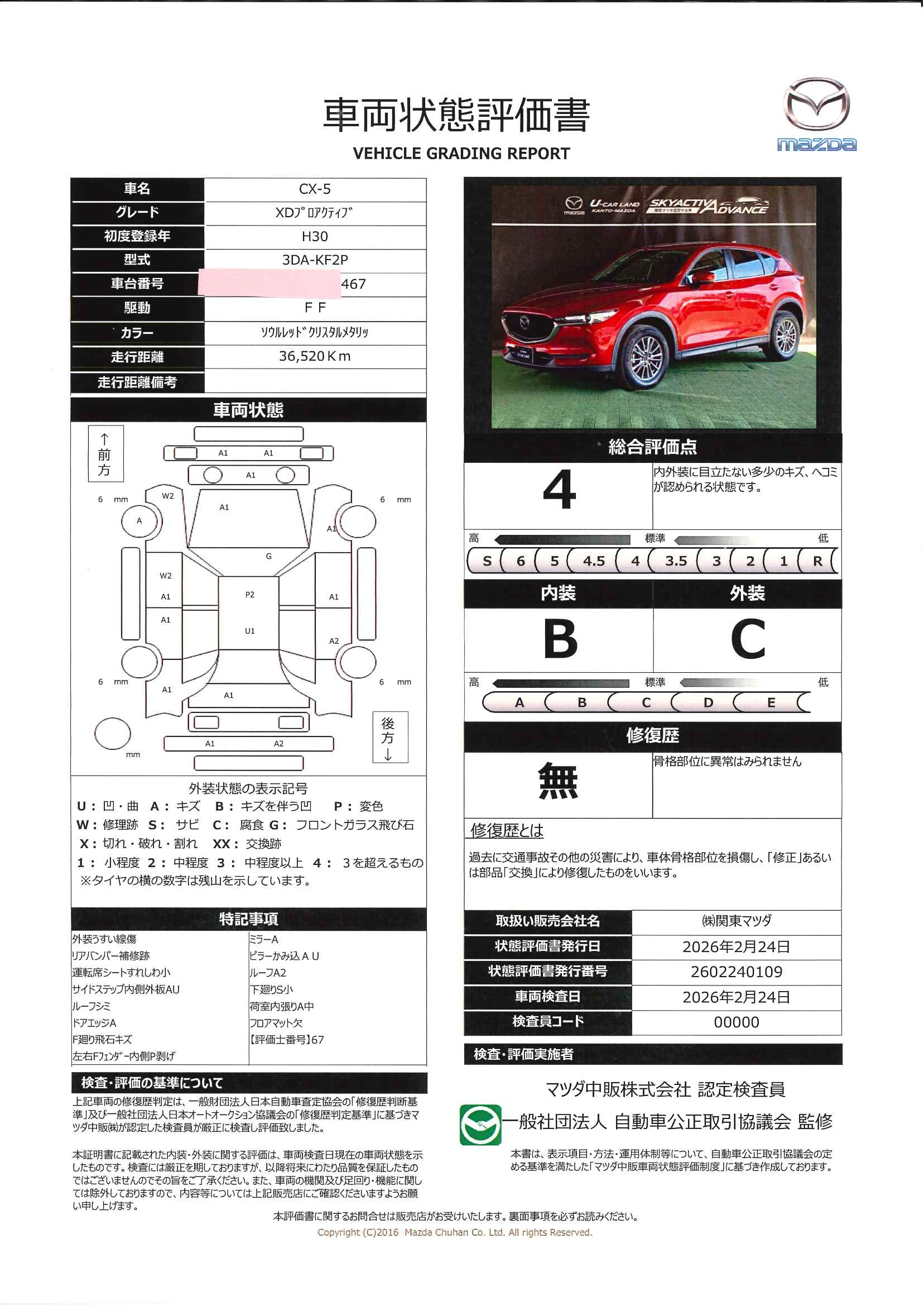 【CX-5　2.2 XD プロアクティブ 　2WDディーゼルターボ　ワンオーナー　バックカメラ・サイドカメラ　ETC2.0　712rh001】の車両評価書｜関東マツダ　U-CAR NET ユーカーネット