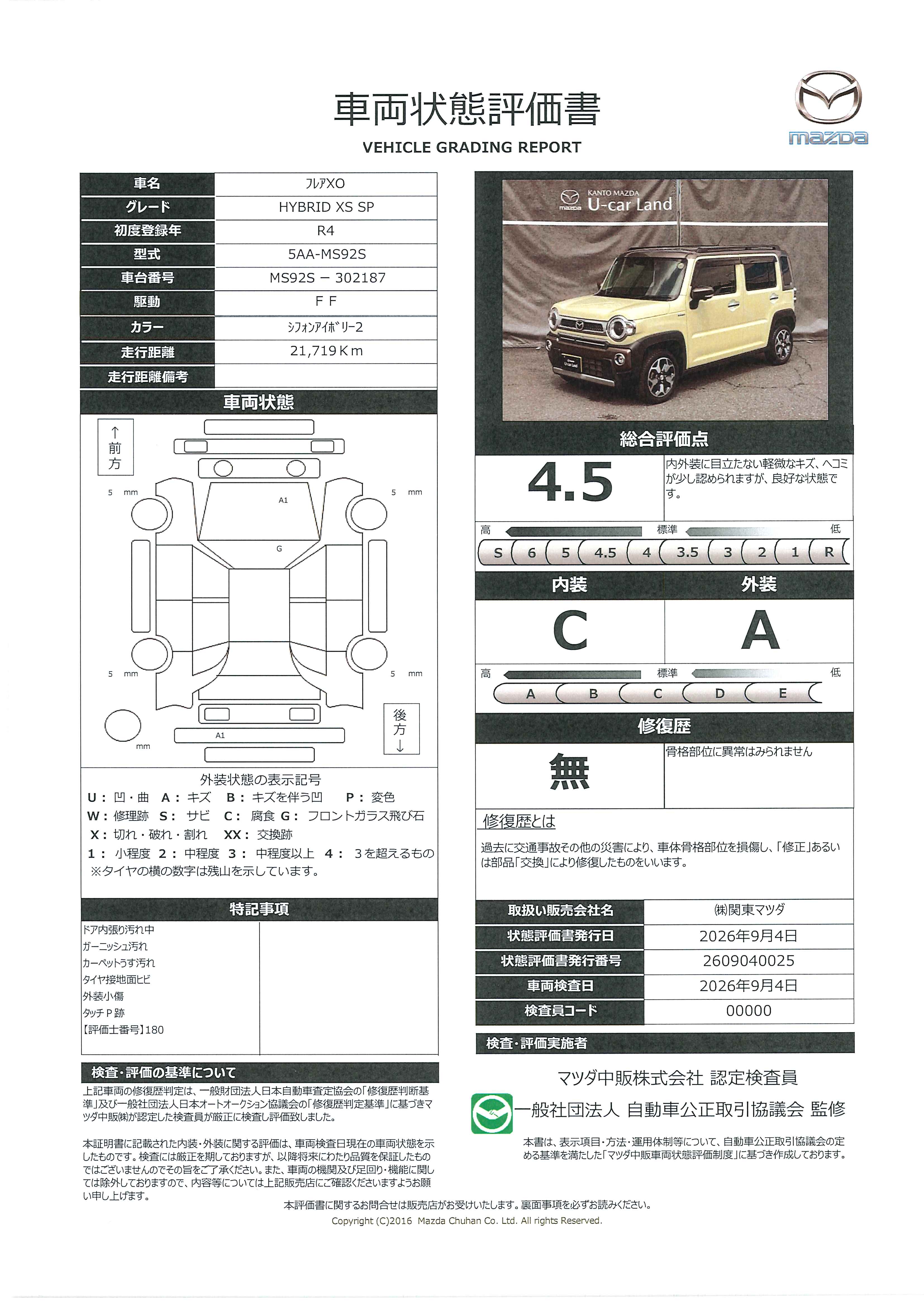 【フレアクロスオーバー　660 ハイブリッド XS スペシャル　2WDガソリン　全方位モニター用カメラ　アダプティブクルーズコントロール　誤発進抑制機能　ルーフレール　712ri001】の車両評価書｜関東マツダ　U-CAR NET ユーカーネット
