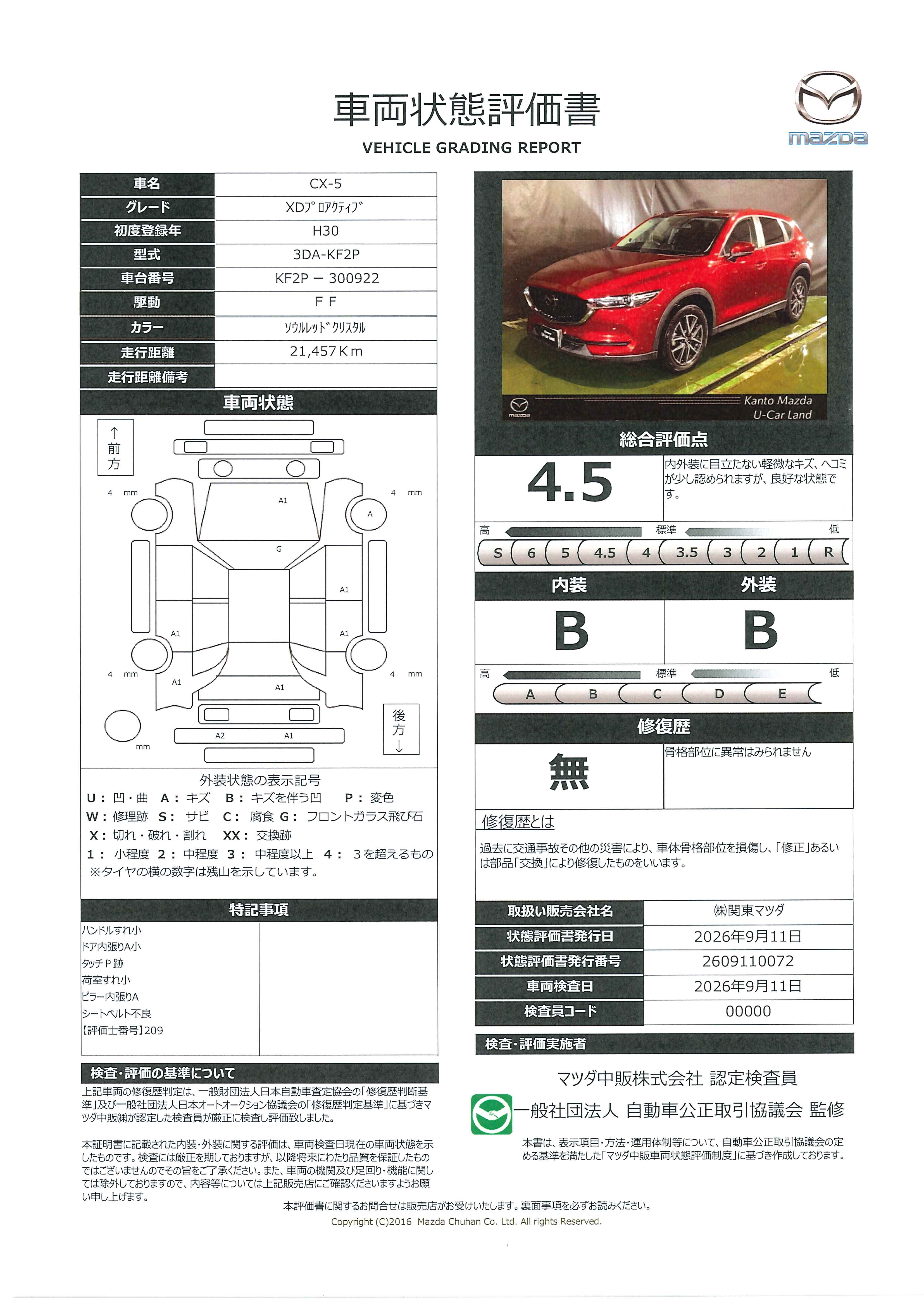 【CX-5　2.2 XD プロアクティブ 　2WDディーゼルターボ　712ri005】の車両評価書｜関東マツダ　U-CAR NET ユーカーネット