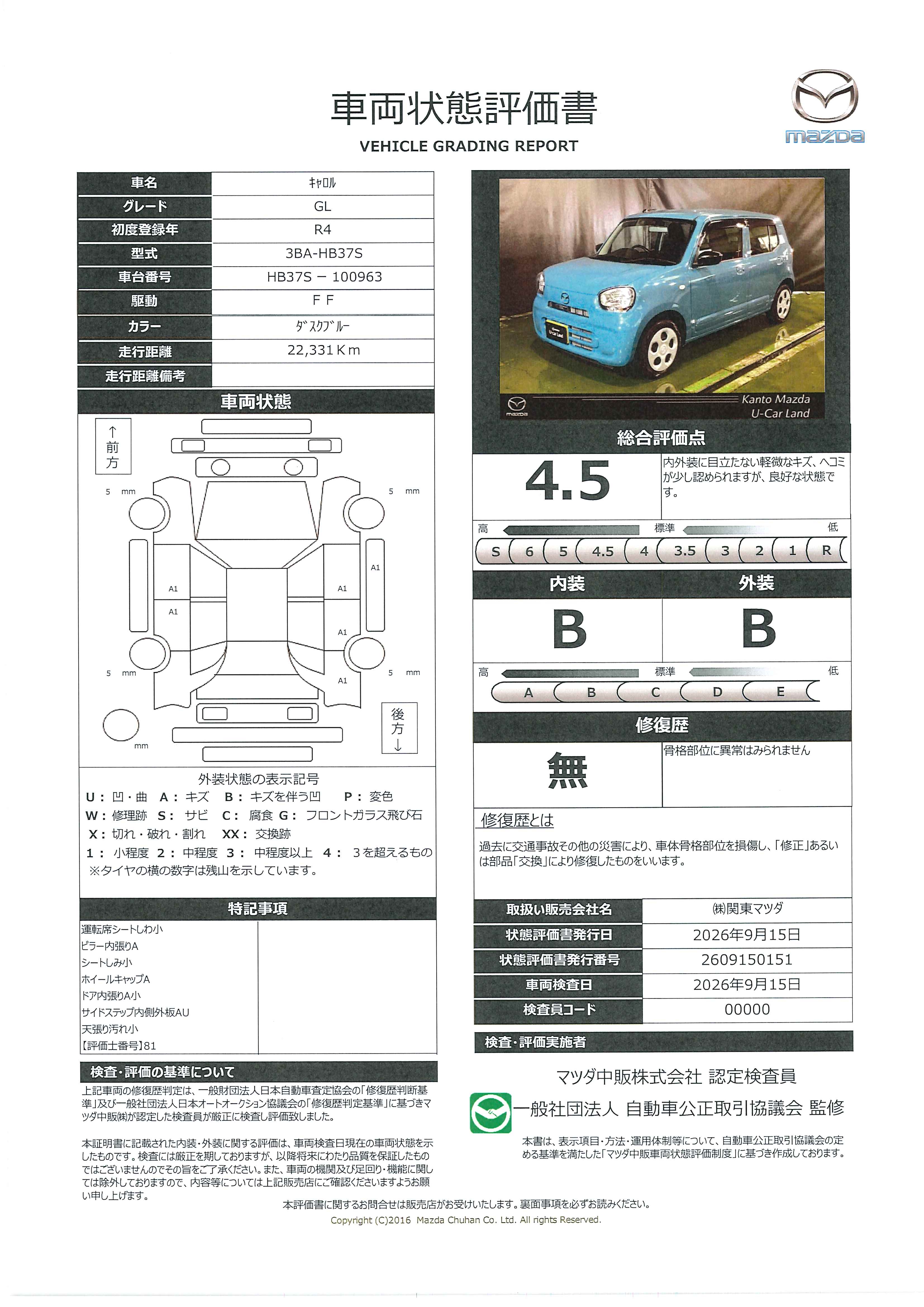 【キャロル　660 GL　2WDガソリン　712ri011】の車両評価書｜関東マツダ　U-CAR NET ユーカーネット