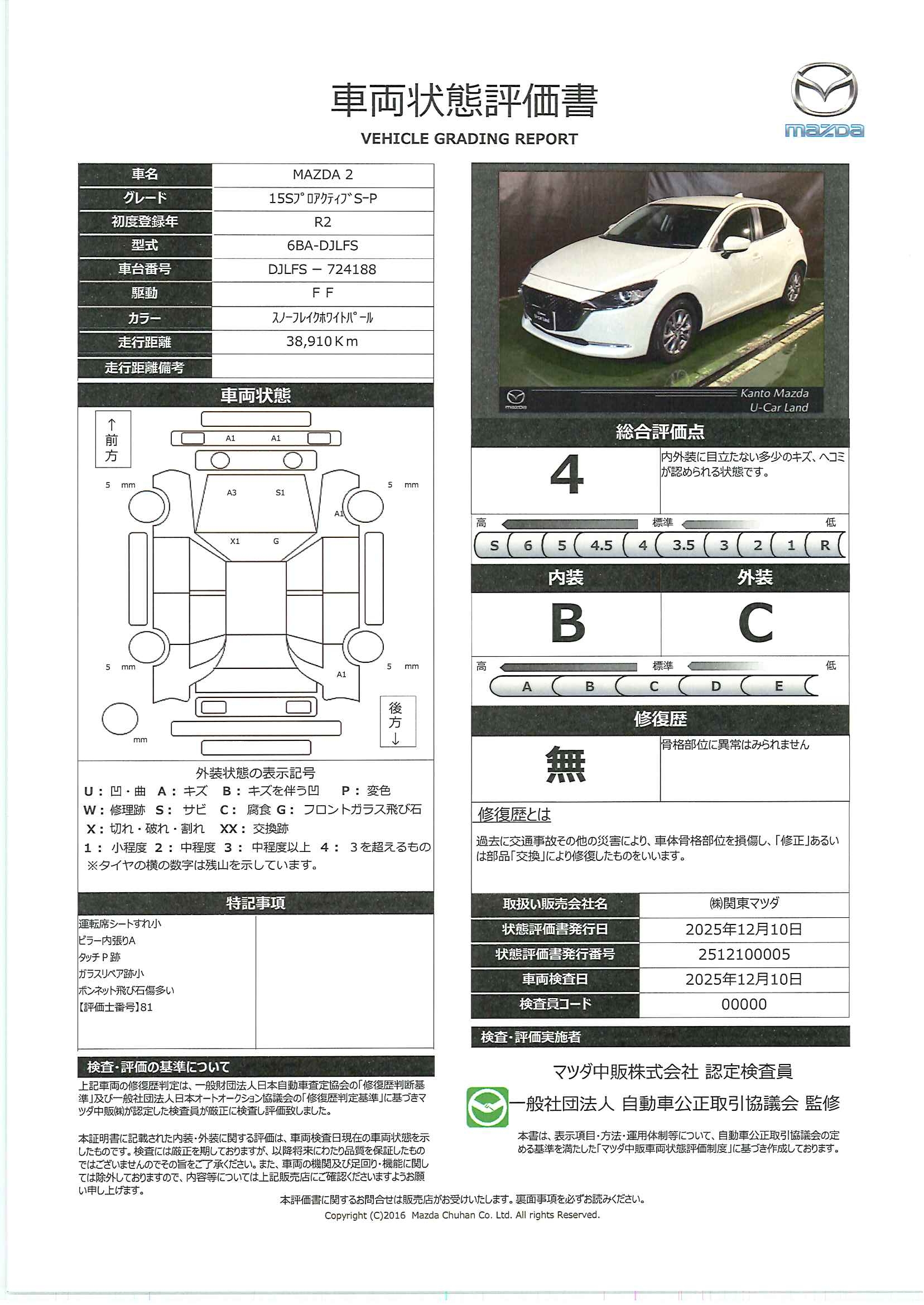 【MAZDA2　1.5 15S プロアクティブ Sパッケージ　715ql003】の車両評価書｜関東マツダ　U-CAR NET ユーカーネット