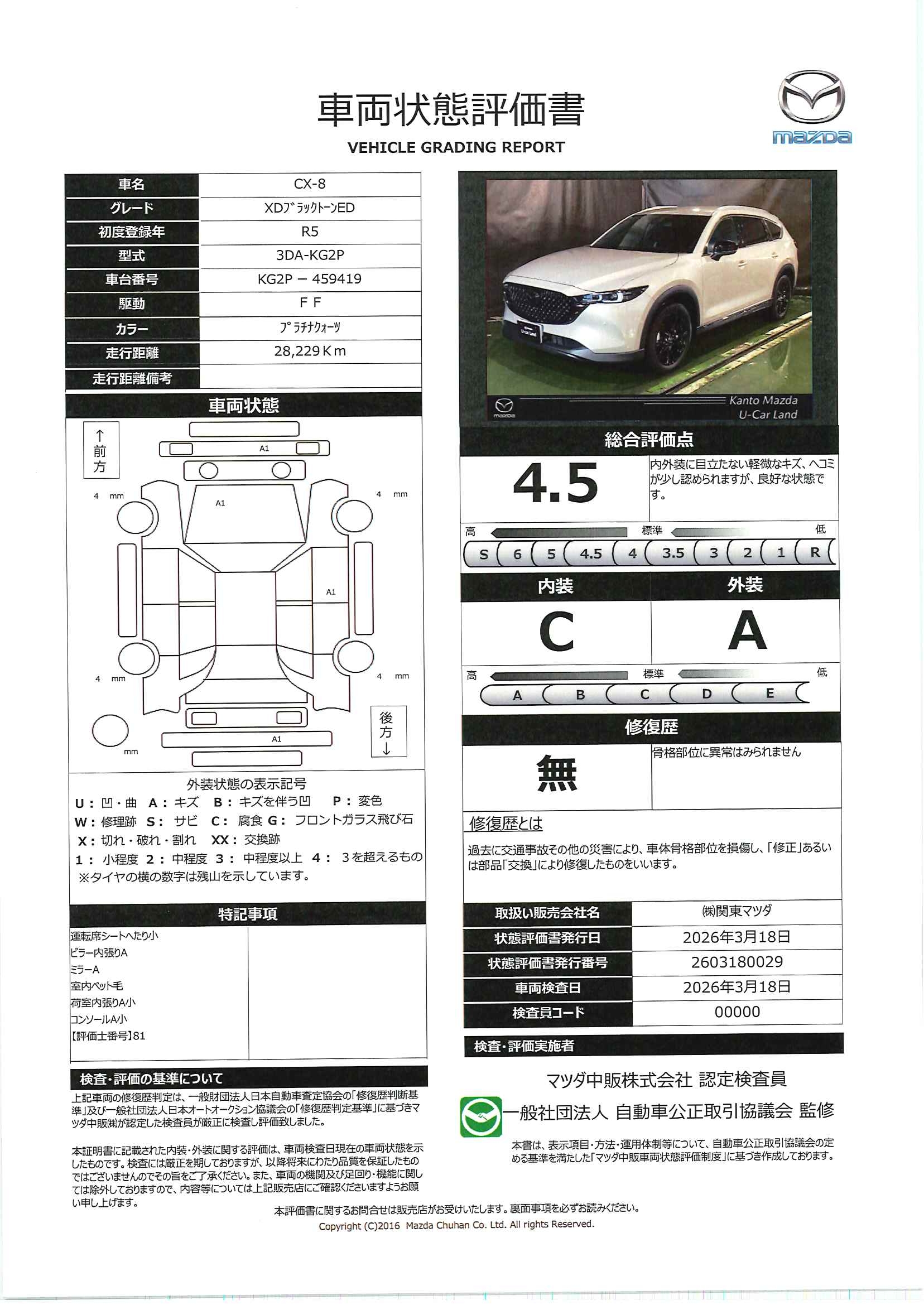 【CX-8　2.2 XD ブラックトーン エディション ディーゼルターボ6人乗り　715rc019】の車両評価書｜関東マツダ　U-CAR NET ユーカーネット