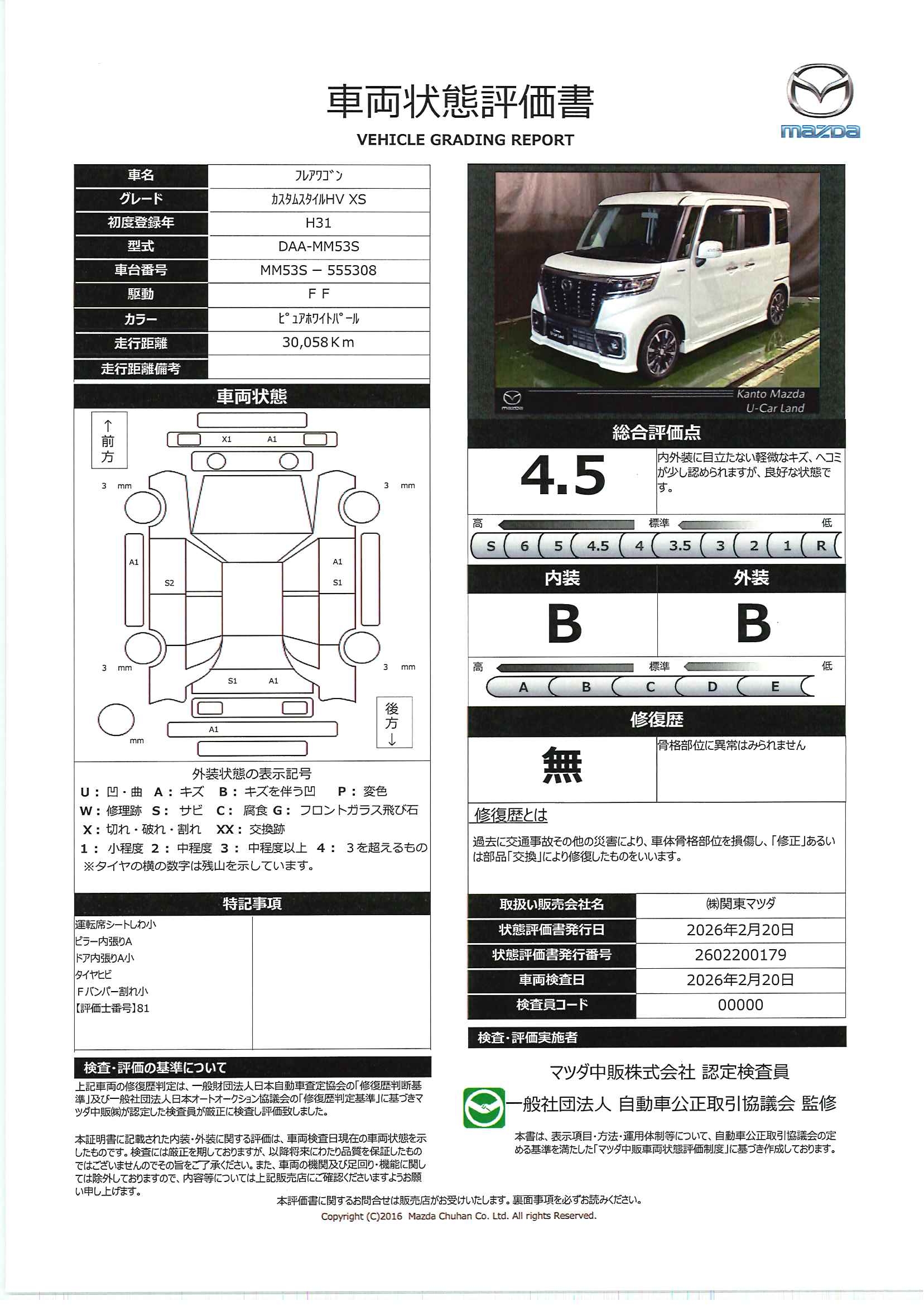 【フレアワゴン　660 カスタムスタイル ハイブリッド XS　715rc024】の車両評価書｜関東マツダ　U-CAR NET ユーカーネット