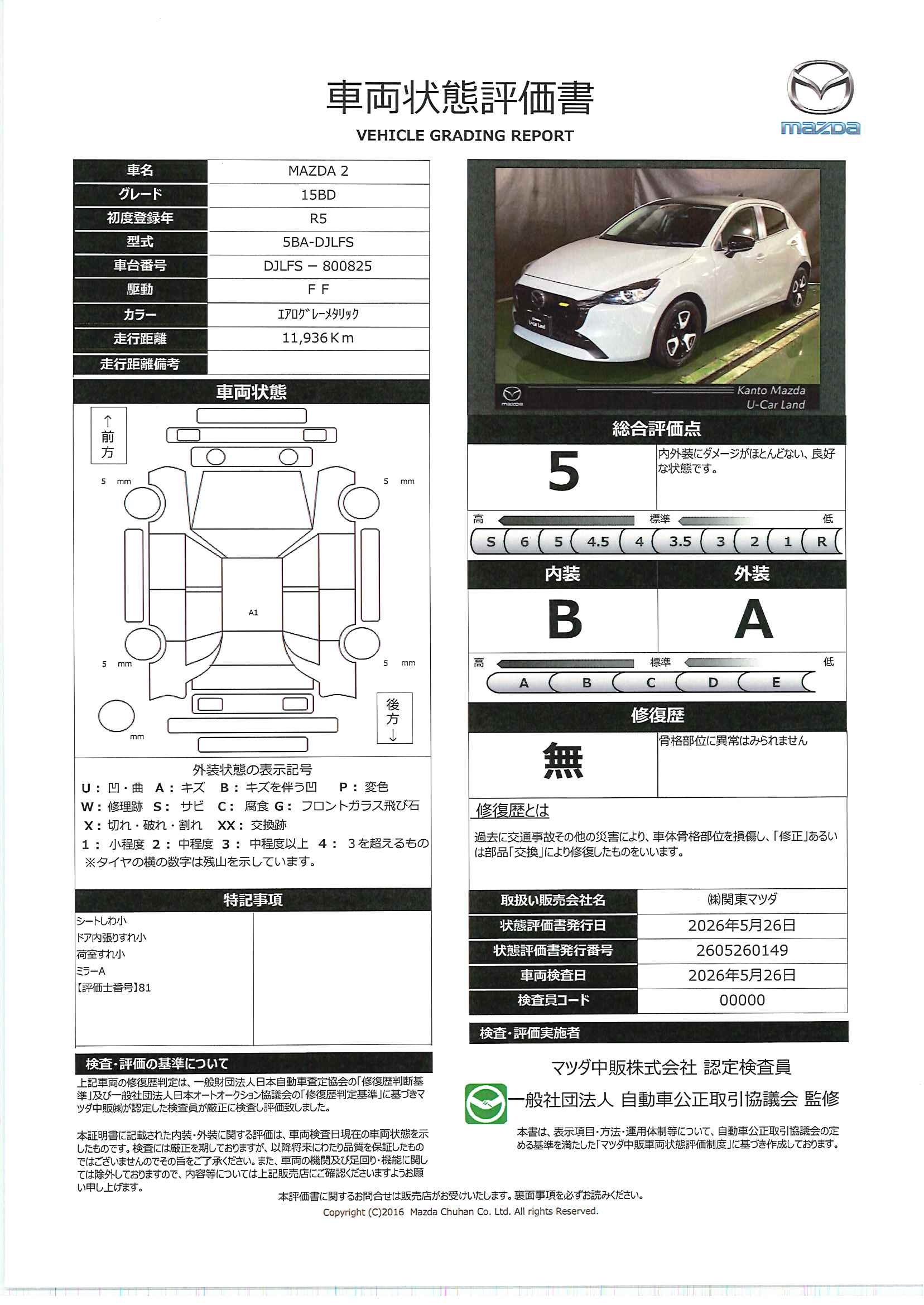 【MAZDA2　1.5 15BD　715re007】の車両評価書｜関東マツダ　U-CAR NET ユーカーネット