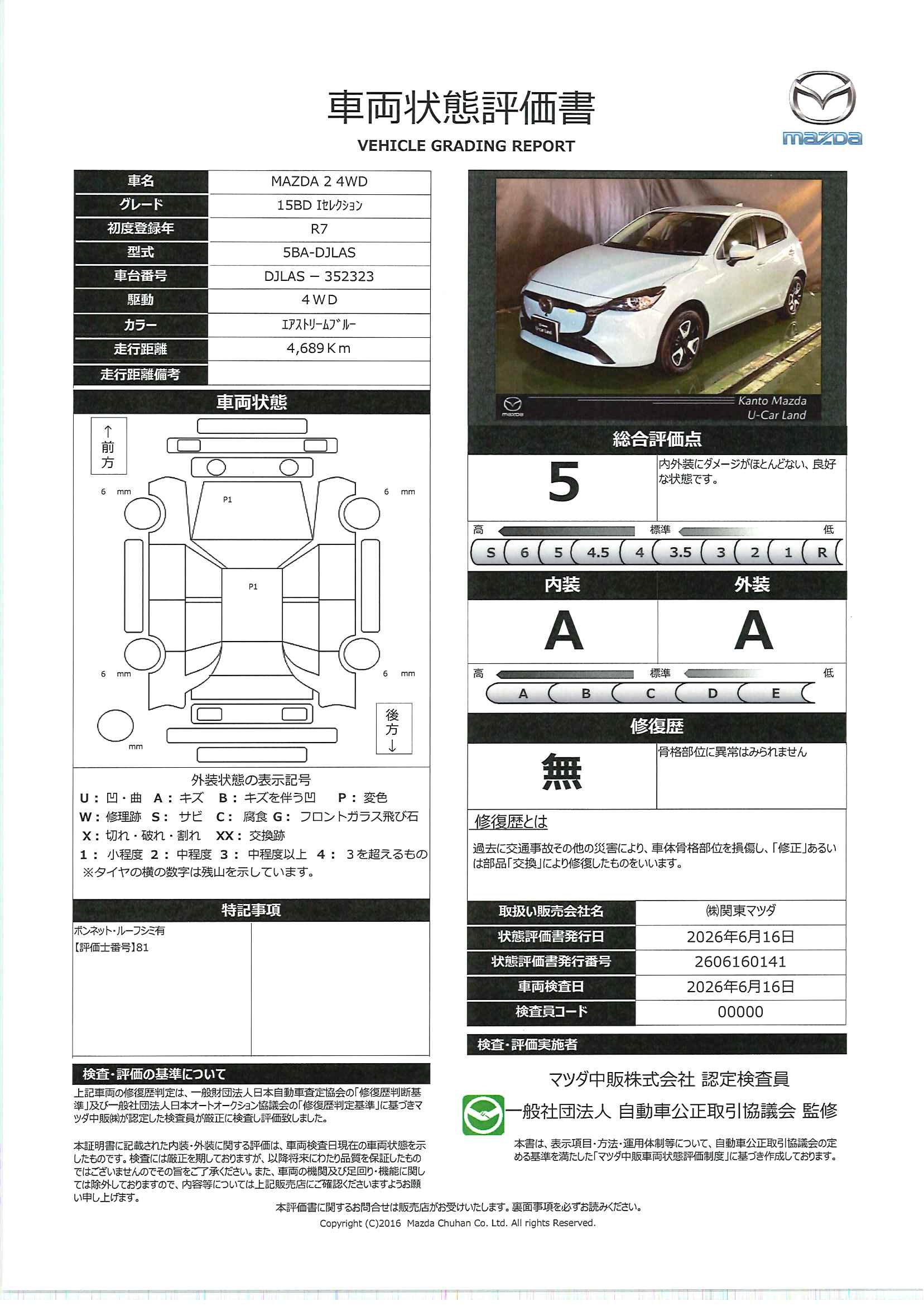 【MAZDA2　1.5 15BD i セレクション 4WD　715rf010】の車両評価書｜関東マツダ　U-CAR NET ユーカーネット