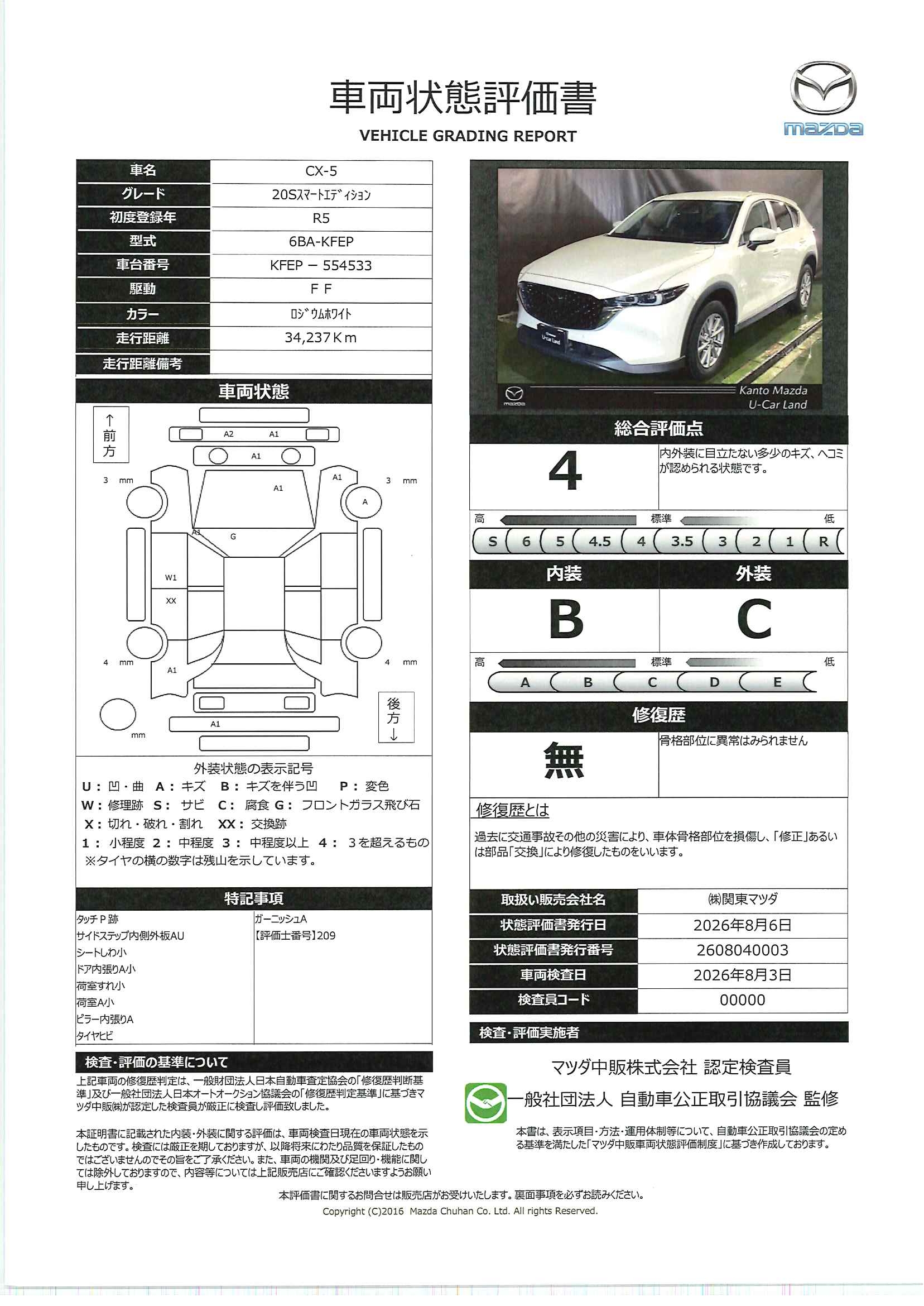 【CX-5　2.0 20S スマート エディション　715rg021】の車両評価書｜関東マツダ　U-CAR NET ユーカーネット