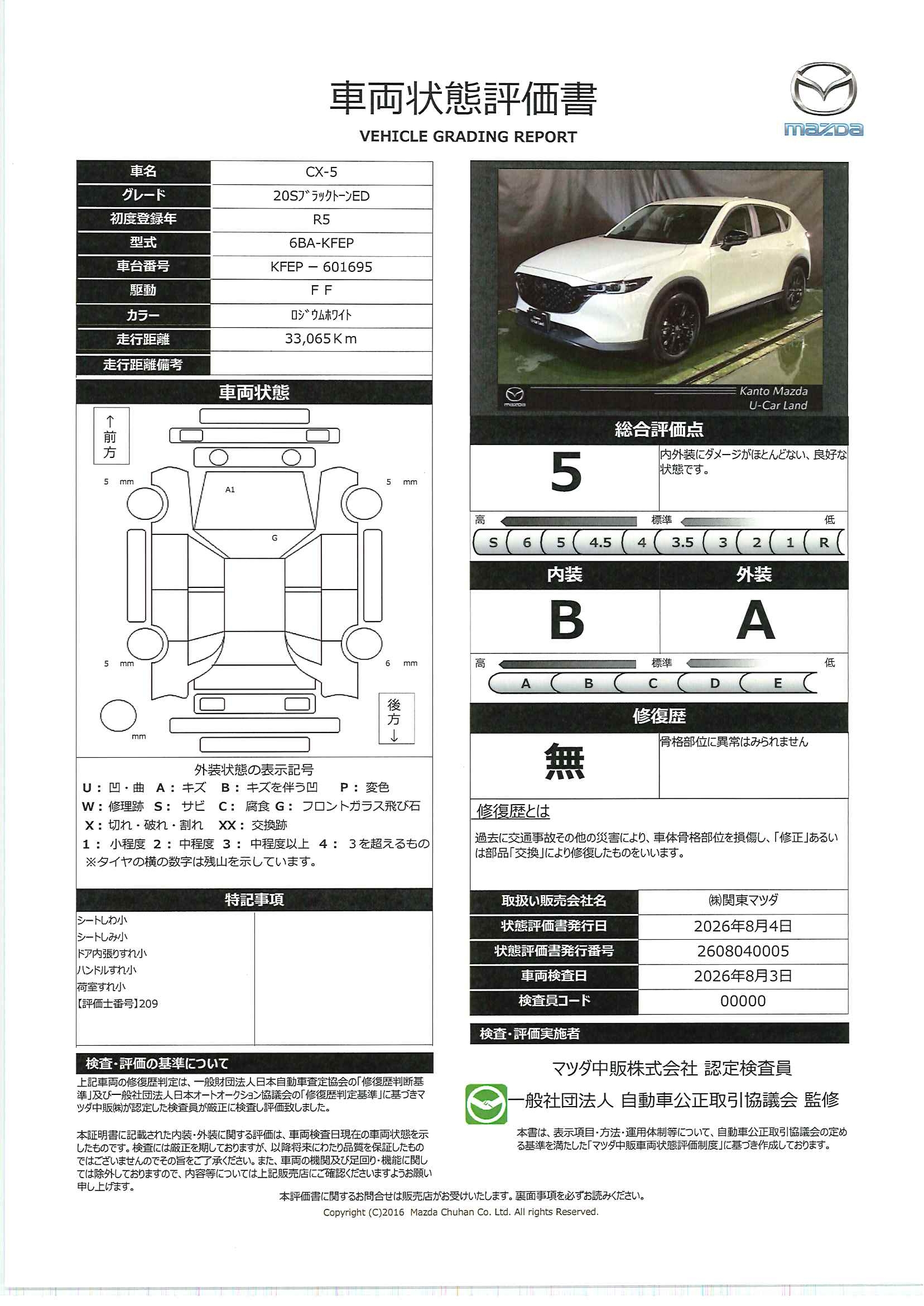 【CX-5　2.0 20S ブラックトーンエディション　715rh003】の車両評価書｜関東マツダ　U-CAR NET ユーカーネット