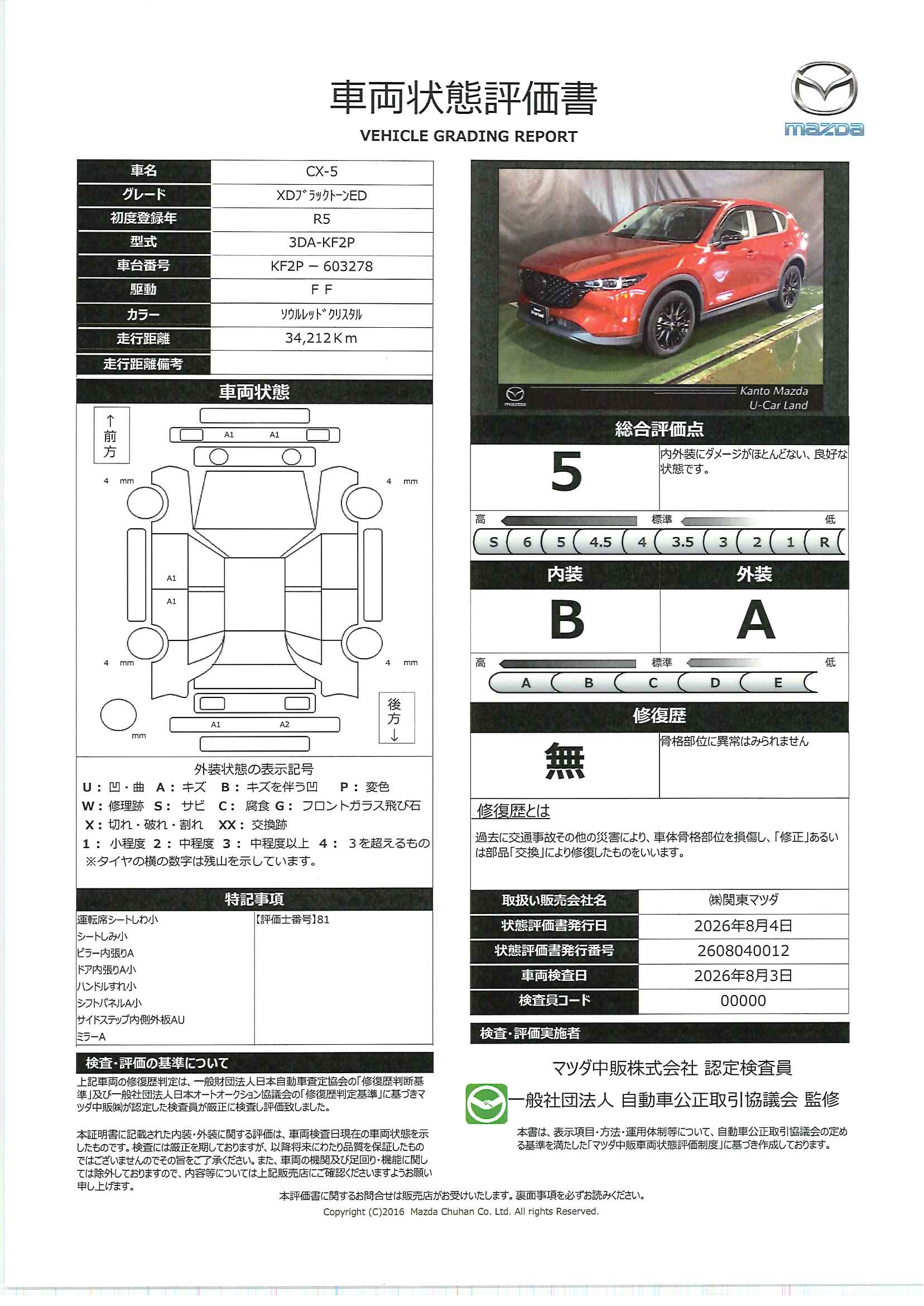 【CX-5　2.2 XD ブラックトーンエディション ディーゼルターボ　715rh008】の車両評価書｜関東マツダ　U-CAR NET ユーカーネット