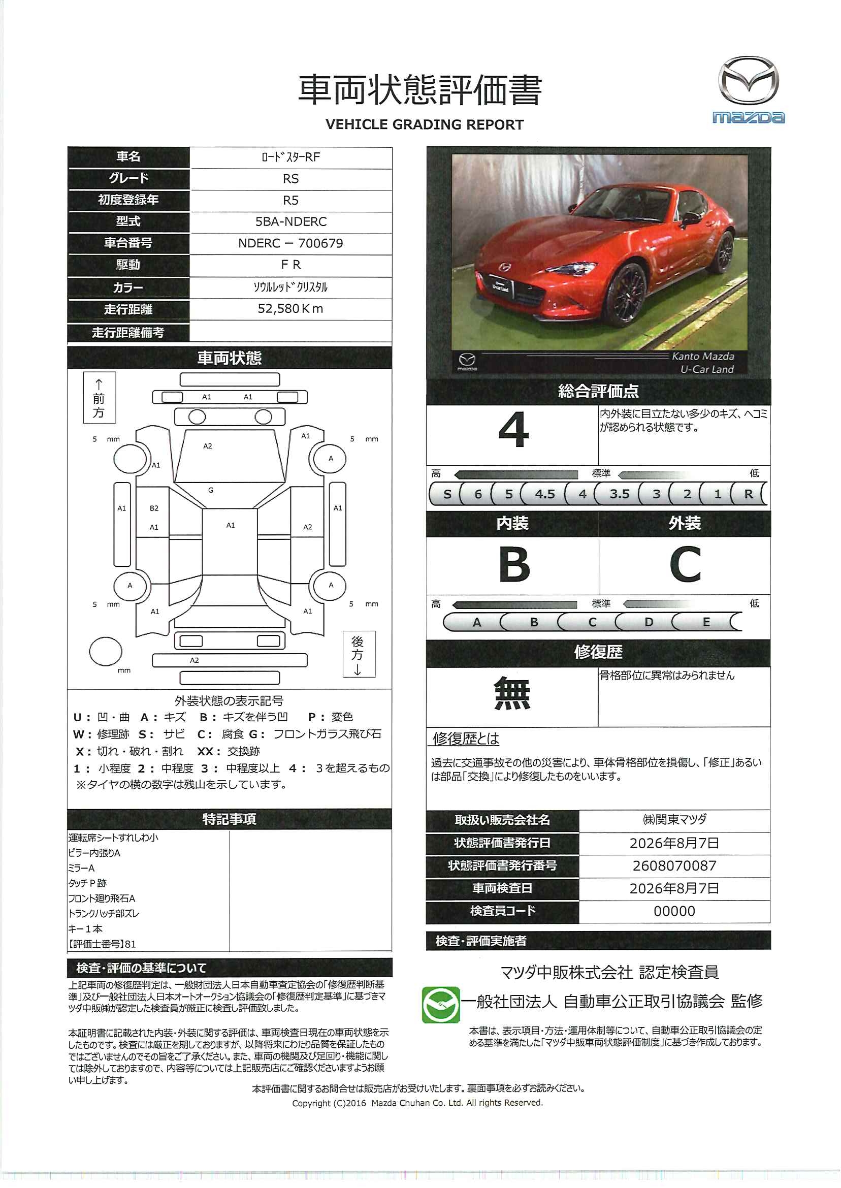【ロードスターRF　2.0 RS6MT　715rh018】の車両評価書｜関東マツダ　U-CAR NET ユーカーネット