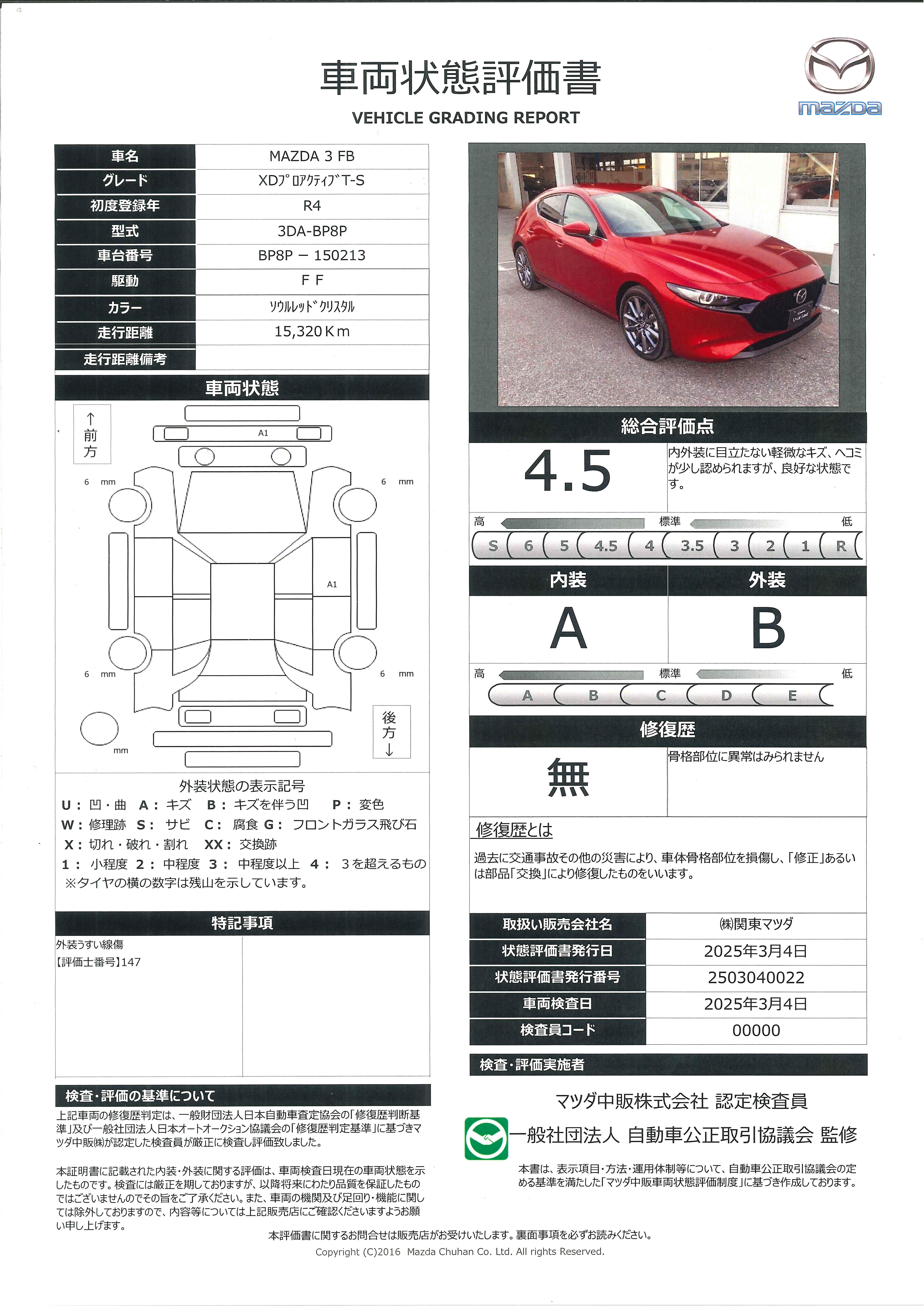【MAZDA3ファストバック　XD プロアクティブ ツーリング セレクション ディーゼルターボ　716qg006】の車両評価書｜関東マツダ　U-CAR NET ユーカーネット