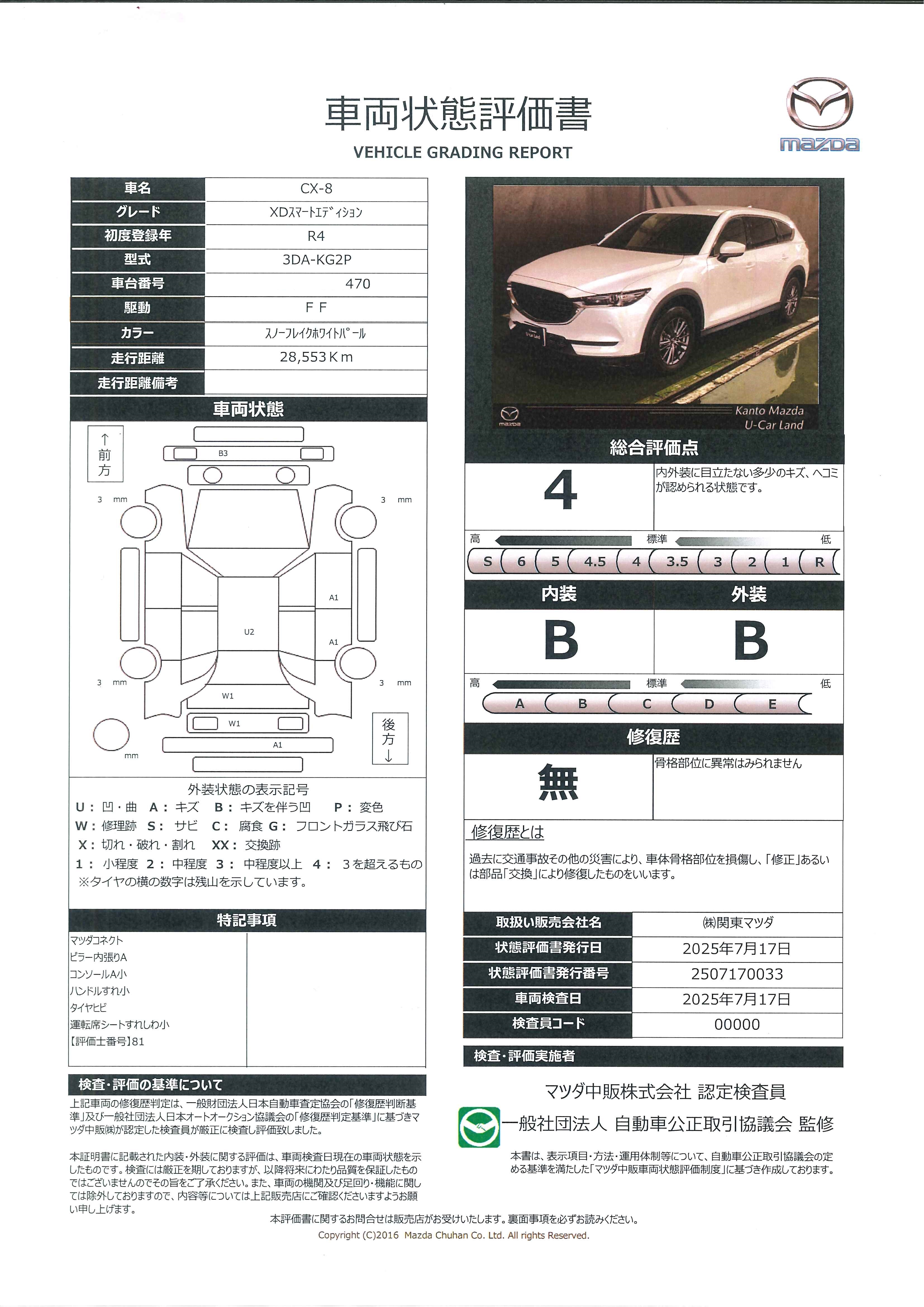 【CX-8　XD スマート エディション ディーゼルターボ6人乗り　マツダコネクトナビ　ETC　360°モニター　ドライブレコーダー　17インチAW　717qg010】の車両評価書｜関東マツダ　U-CAR NET ユーカーネット