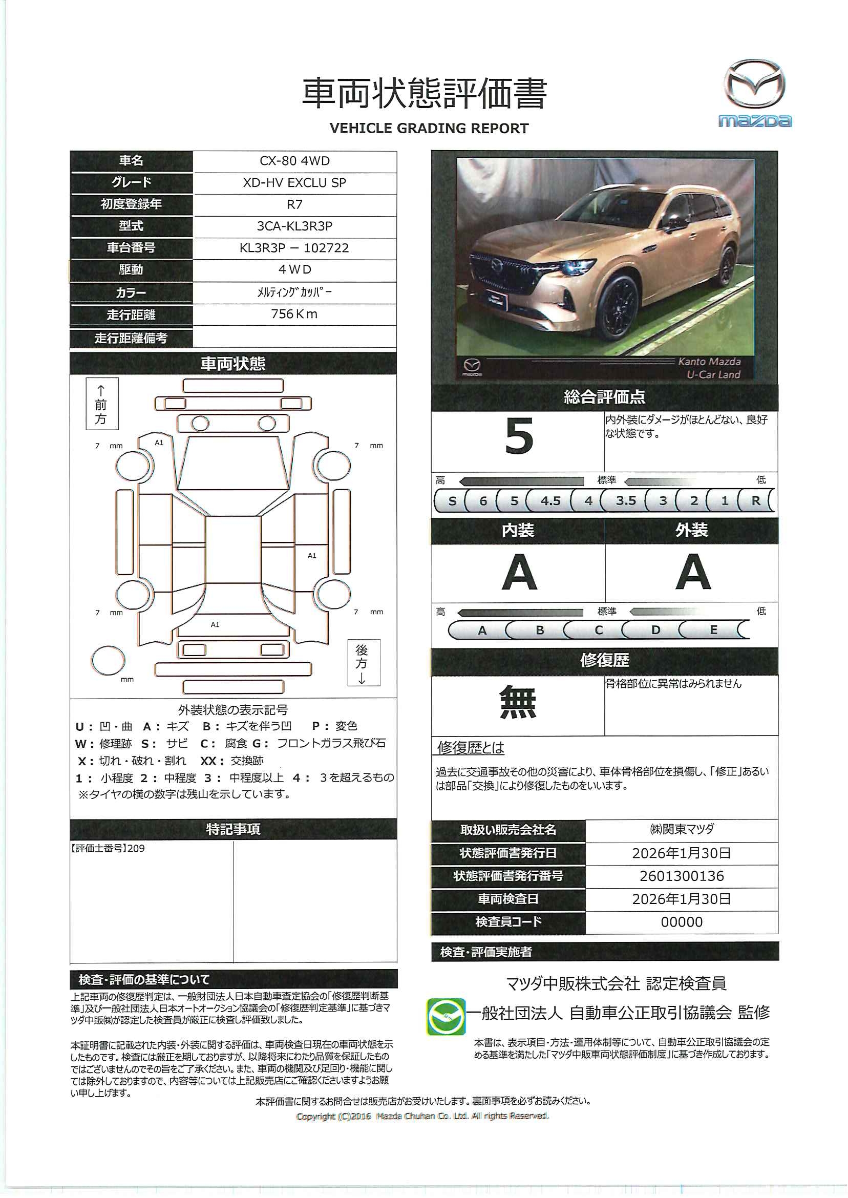 【CX-80　3.3 XDハイブリッド エクスクルーシブ スポーツ4WD当社試乗車　マツダコネクトナビ　ETC　360°ビューモニター　BOSE　電動シート　シートヒーター・ベンチレーション　ドライバー異常時対応システム　７人乗り　20インチAW　717ra018】の車両評価書｜関東マツダ　U-CAR NET ユーカーネット