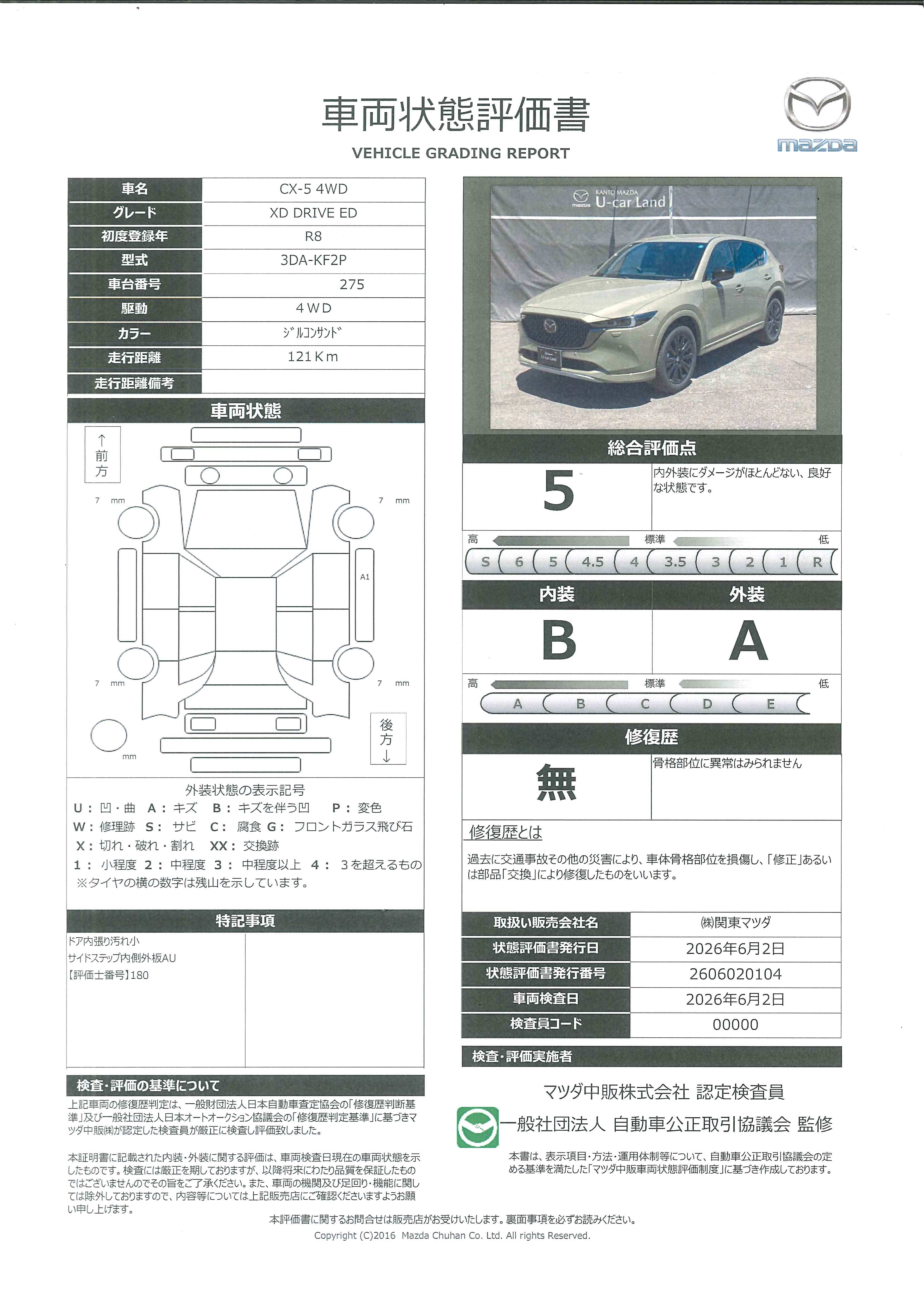 【CX-5　XD ドライブ エディション 4WD当社試乗車　マツダコネクトナビ　ETC　360°ビューモニター　電動シート　前後パーキングセンサー　BOSEサウンド　SOSコール　　19インチAW　717re012】の車両評価書｜関東マツダ　U-CAR NET ユーカーネット