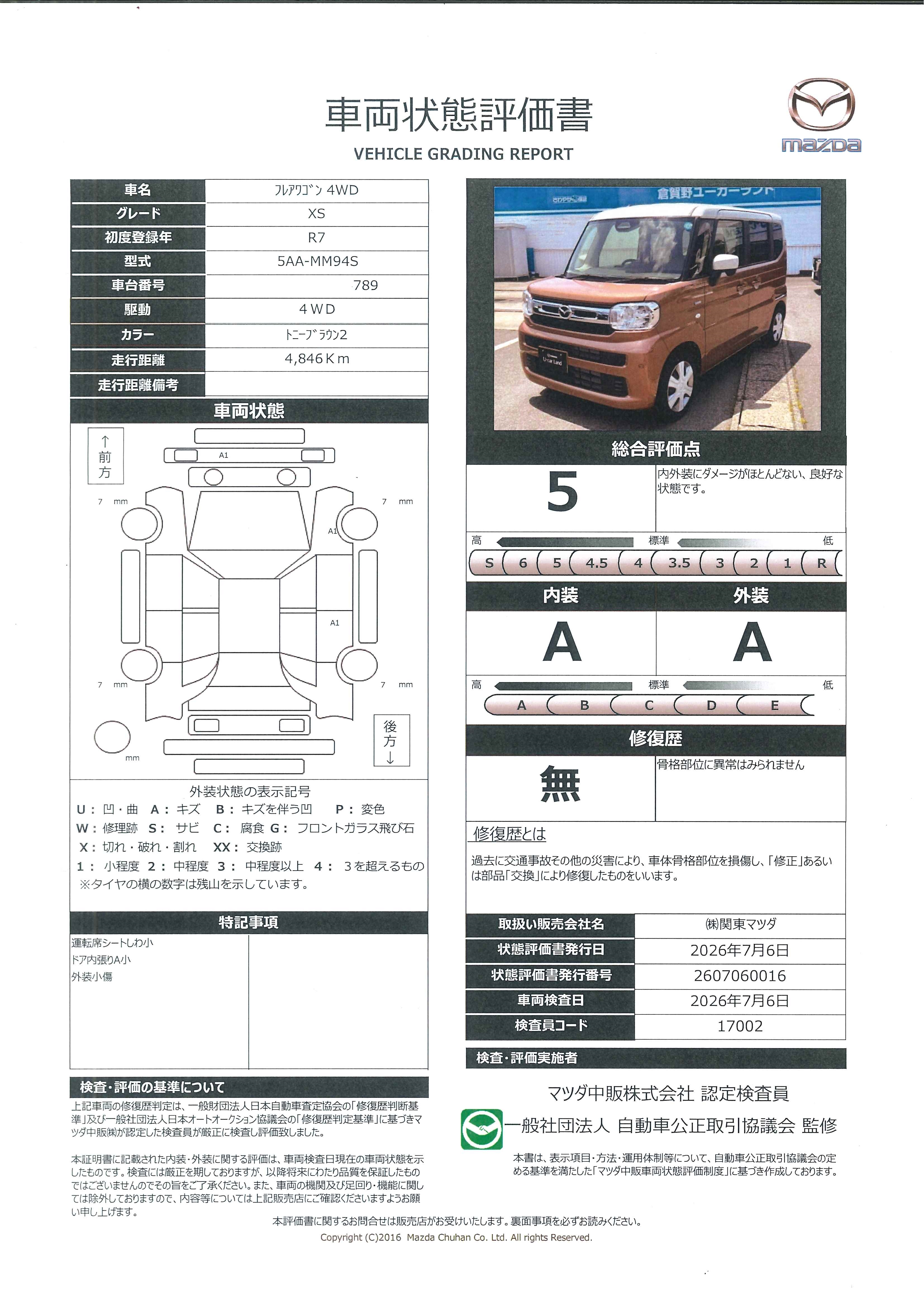 【フレアワゴン　XS 4WD当社整備代車　純正9インチナビ　全方位モニター　717rf004】の車両評価書｜関東マツダ　U-CAR NET ユーカーネット