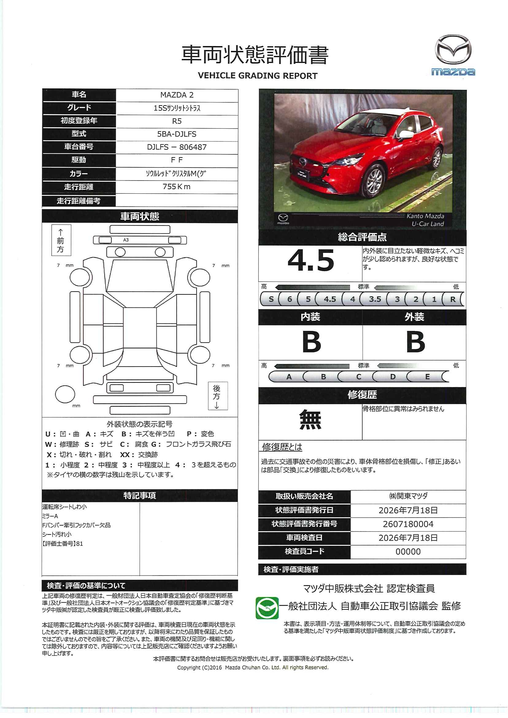 【MAZDA2　15 サンリット シトラスマツダコネクトナビ　ETC　360°ビューモニター　LEDヘッドライト　前後ドライブレコーダー　シートヒーター　15インチAW　717rg014】の車両評価書｜関東マツダ　U-CAR NET ユーカーネット