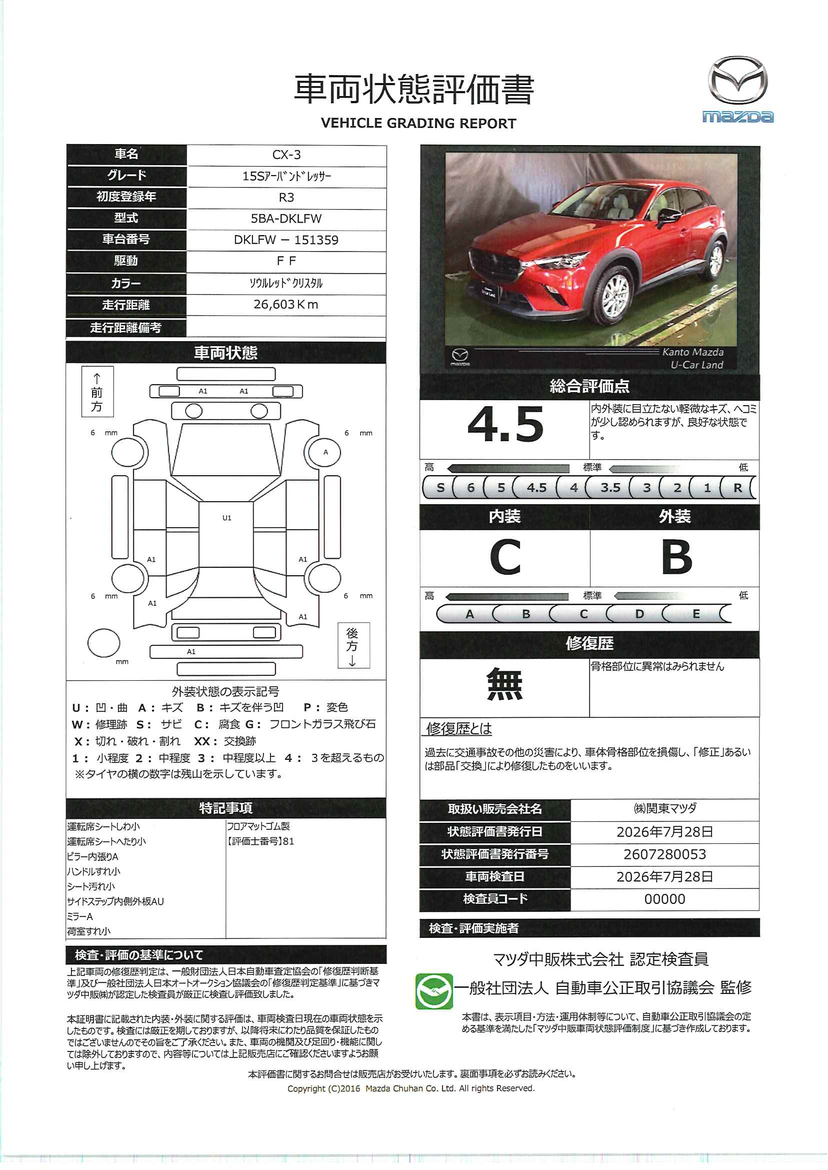 【CX-3　15S アーバン ドレッサーマツダコネクトナビ　ETC　360°ビューモニター　前後ドラレコ　シートヒーター　CD/DVDプレイヤー　16インチAW　717rg019】の車両評価書｜関東マツダ　U-CAR NET ユーカーネット