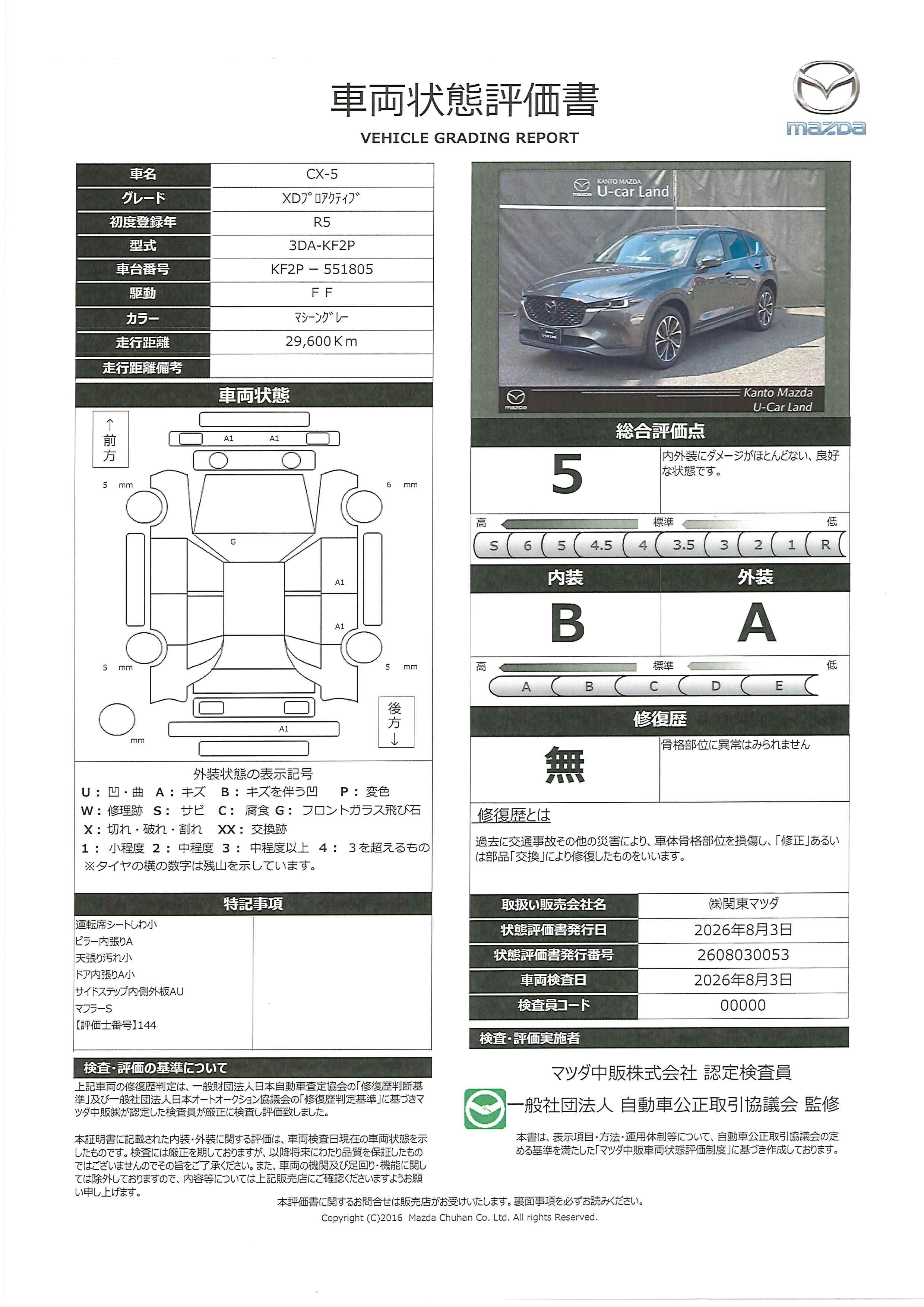 【CX-5　XD プロアクティブ　マツダコネクトナビ　ETC　360°ビューモニター　前後ドラレコ　BOSEサウンド　パワーシート　19インチAW　717rh001】の車両評価書｜関東マツダ　U-CAR NET ユーカーネット