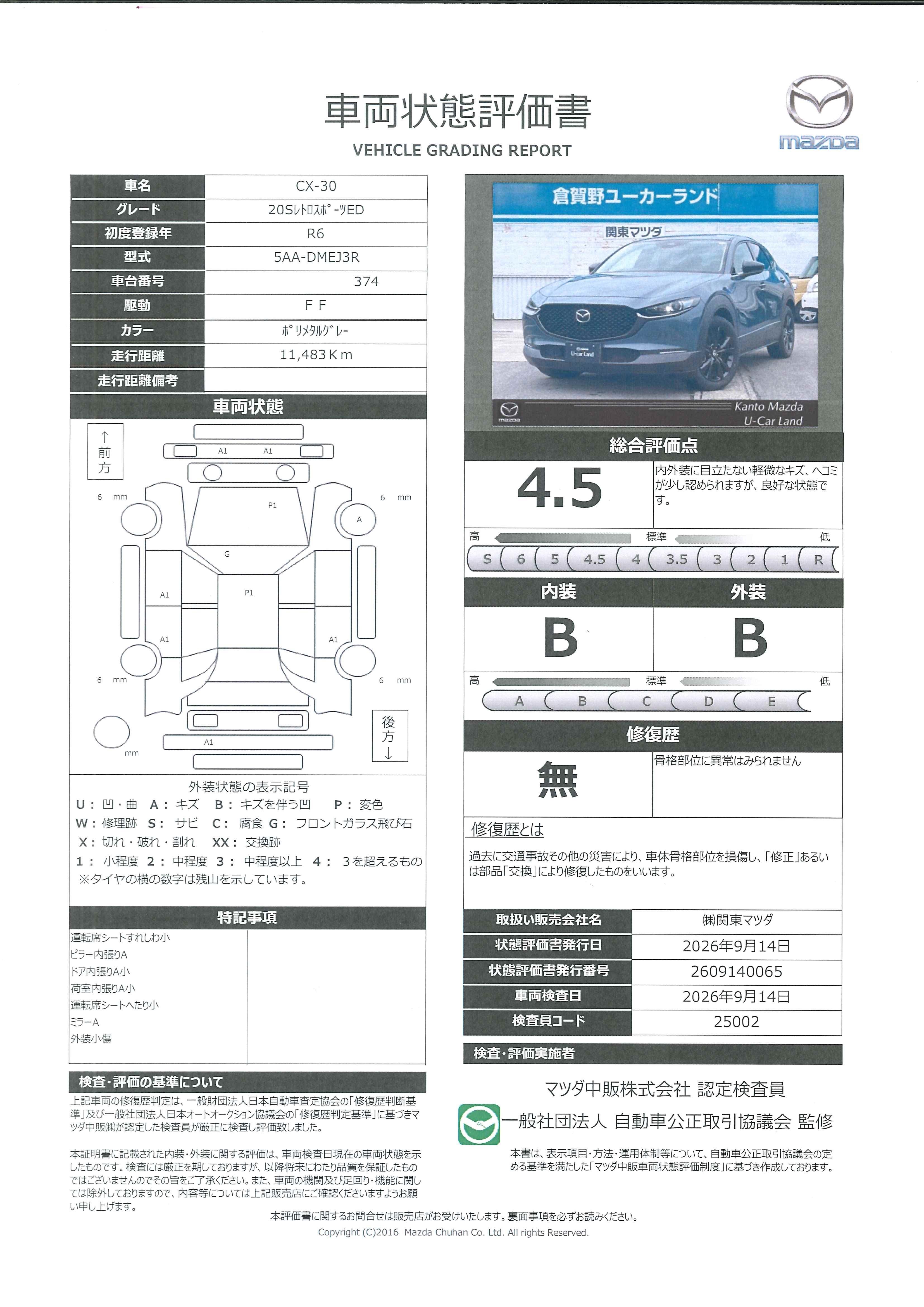 【CX-30　20S レトロ スポーツ エディション当社整備代車　マツダコネクトナビ　ETC　360°ビューモニター　BOSEサウンド　電動リアゲート　18インチAW　717rh008】の車両評価書｜関東マツダ　U-CAR NET ユーカーネット