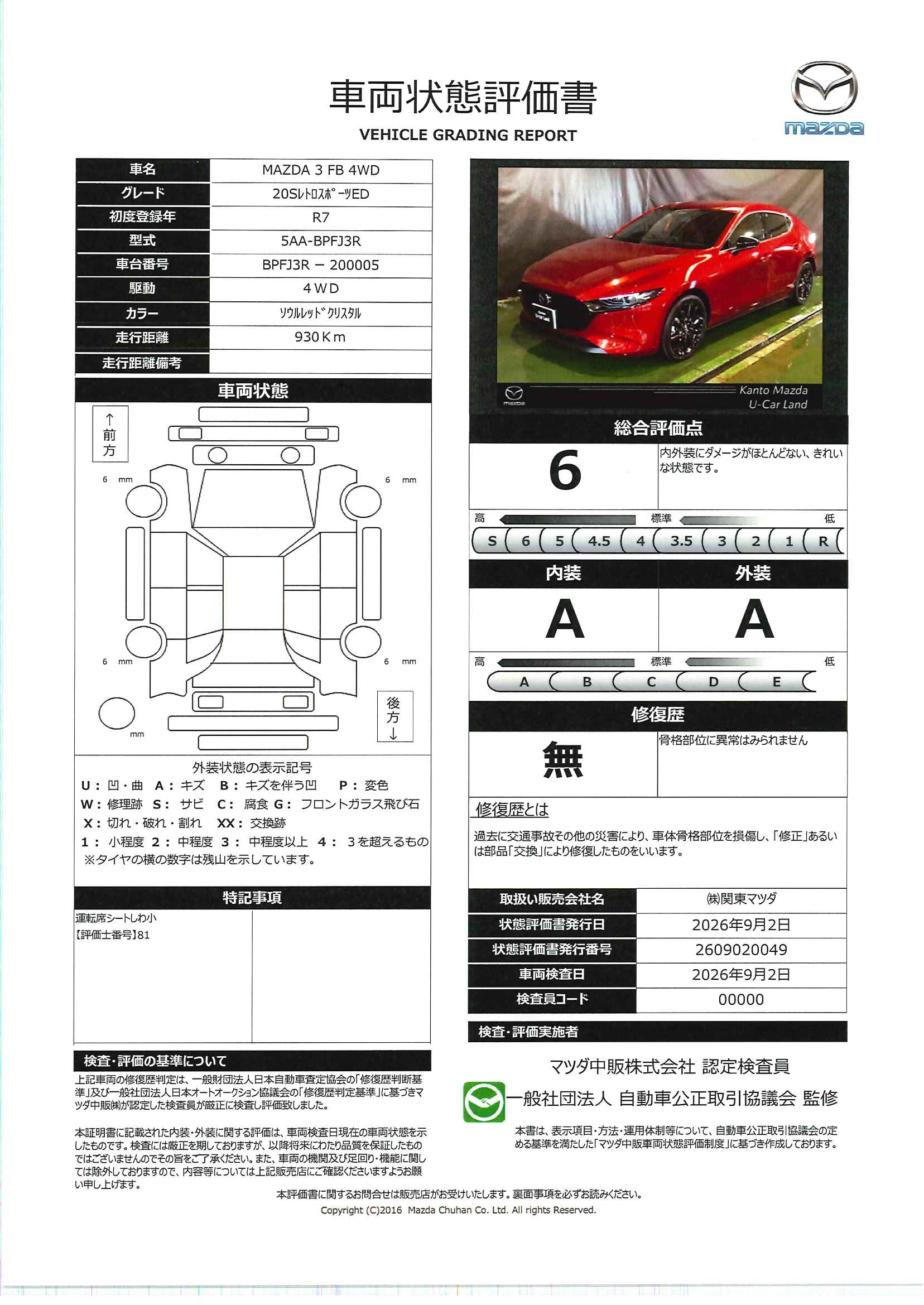 【MAZDA3ファストバック　20S レトロスポーツエディション 4WD 当社試乗車　マツダコネクトナビ　ETC　360°ビューモニター　BOSE　SOSコール　18インチAW　717rh016】の車両評価書｜関東マツダ　U-CAR NET ユーカーネット