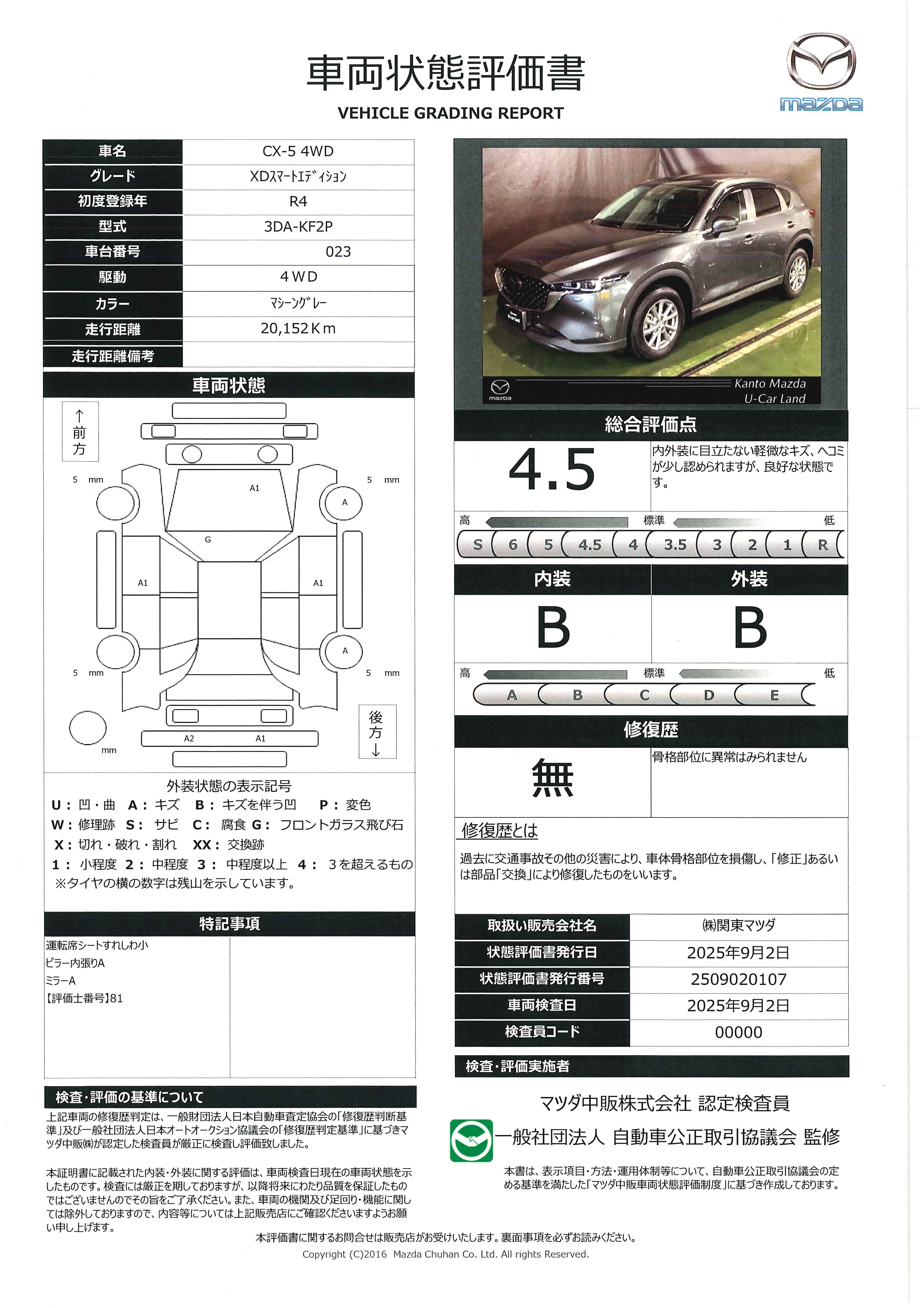 【CX-5　2.2 XD スマート エディション ディーゼルターボ 4WDＭＲＣＣ　前後センサー　ＬＥＤランプ　３６０°ビューカメラ　ブレーキサポート　ミュージックプレイヤー接続可　地デジ　レーンキープ　１オーナー　Ｒカメラ　Ｂｌｕｅｔｏｏｔｈ接続　アイスト　４ＷＤ　ＥＴＣ　720qh024】の車両評価書｜関東マツダ　U-CAR NET ユーカーネット