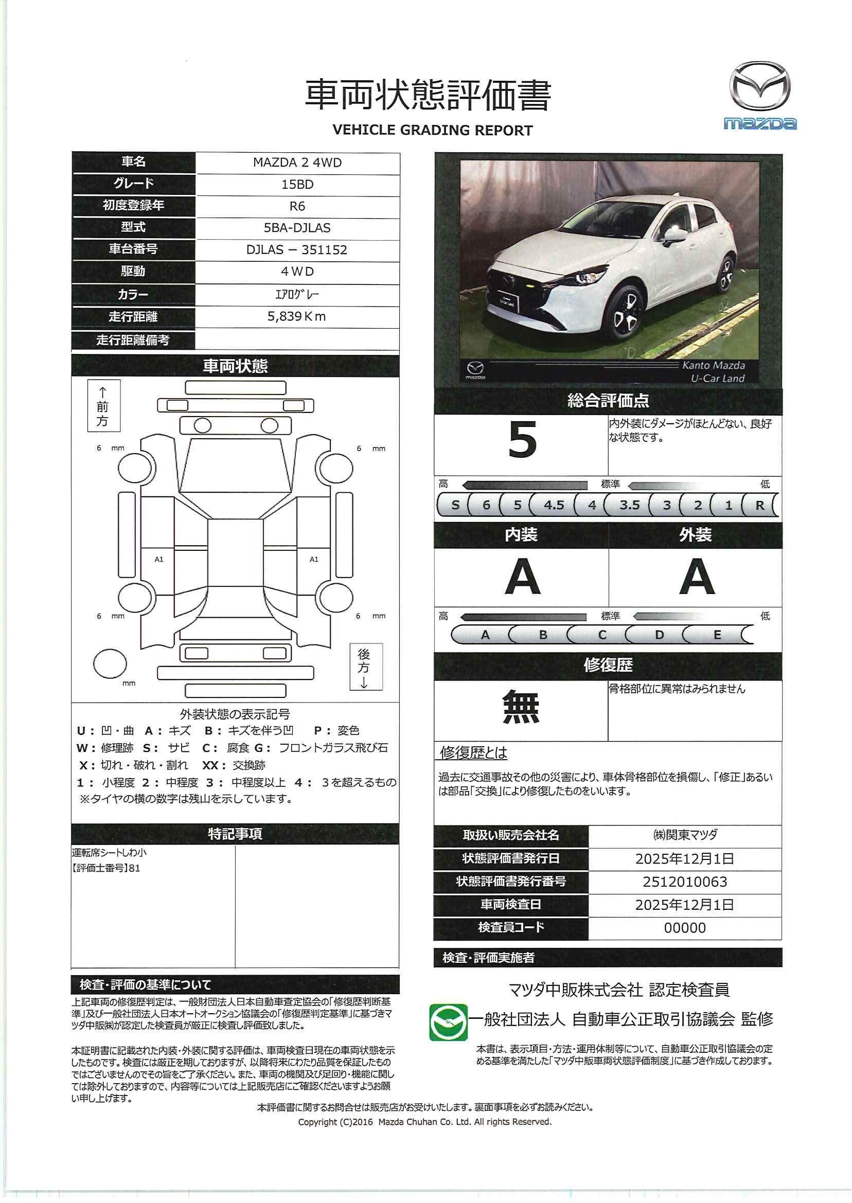 【MAZDA2　1.5 15BD 4WD　720qk062】の車両評価書｜関東マツダ　U-CAR NET ユーカーネット