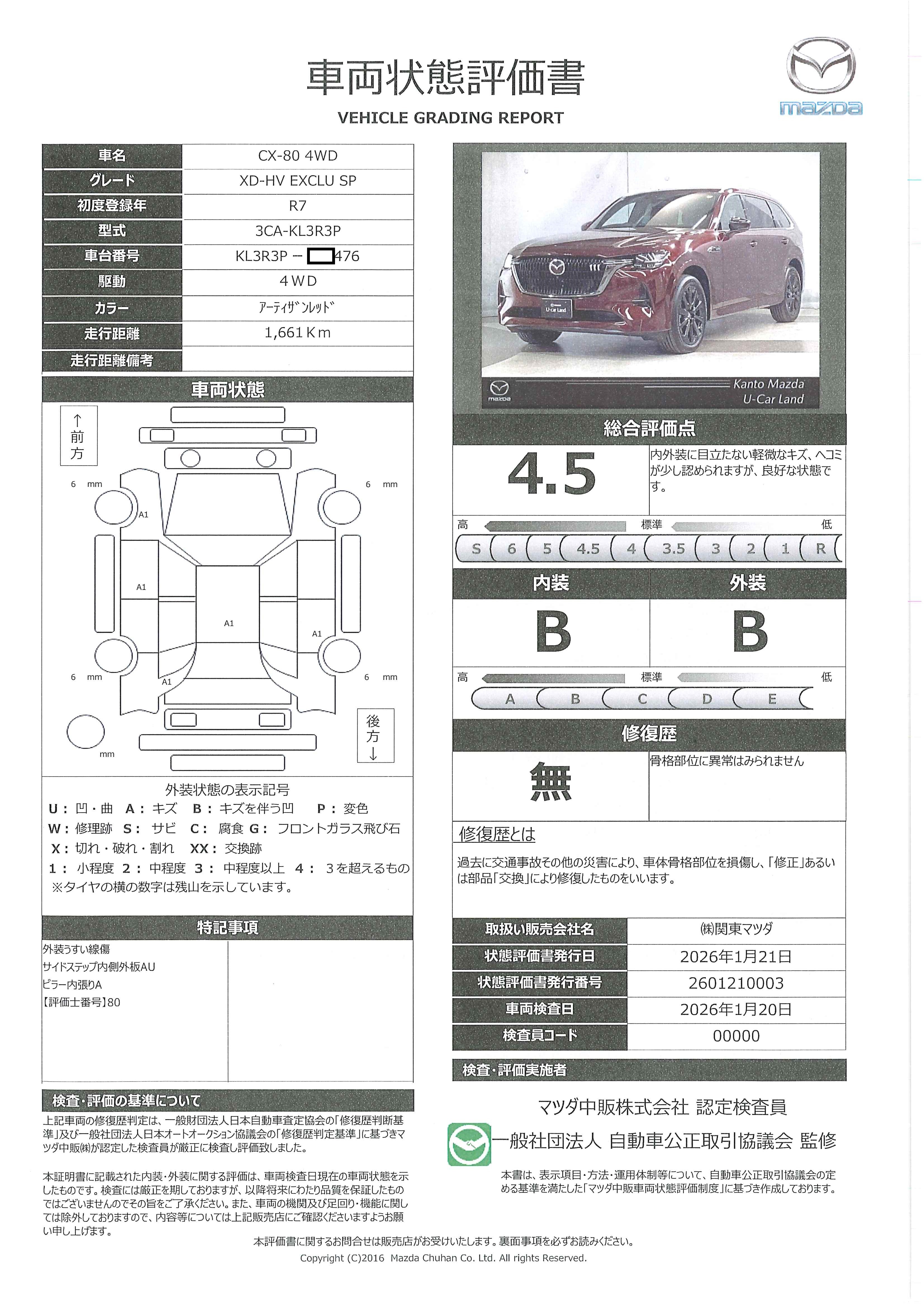 【CX-80　3.3 XDハイブリッド エクスクルーシブ スポーツ ディーゼルターボ 4WD　720ra008】の車両評価書｜関東マツダ　U-CAR NET ユーカーネット