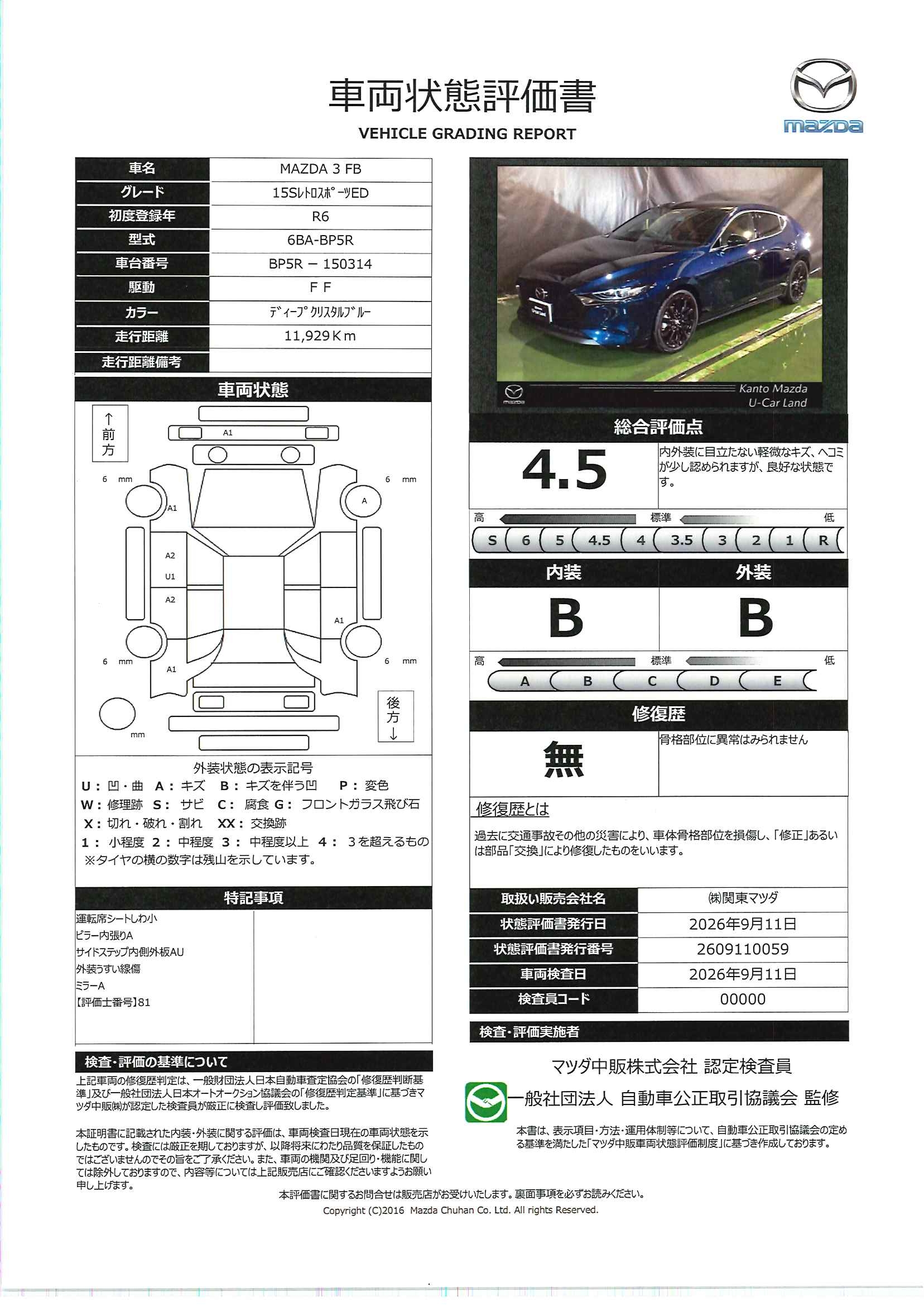 【MAZDA3ファストバック　1.5 15S レトロスポーツエディション　720ri004】の車両評価書｜関東マツダ　U-CAR NET ユーカーネット