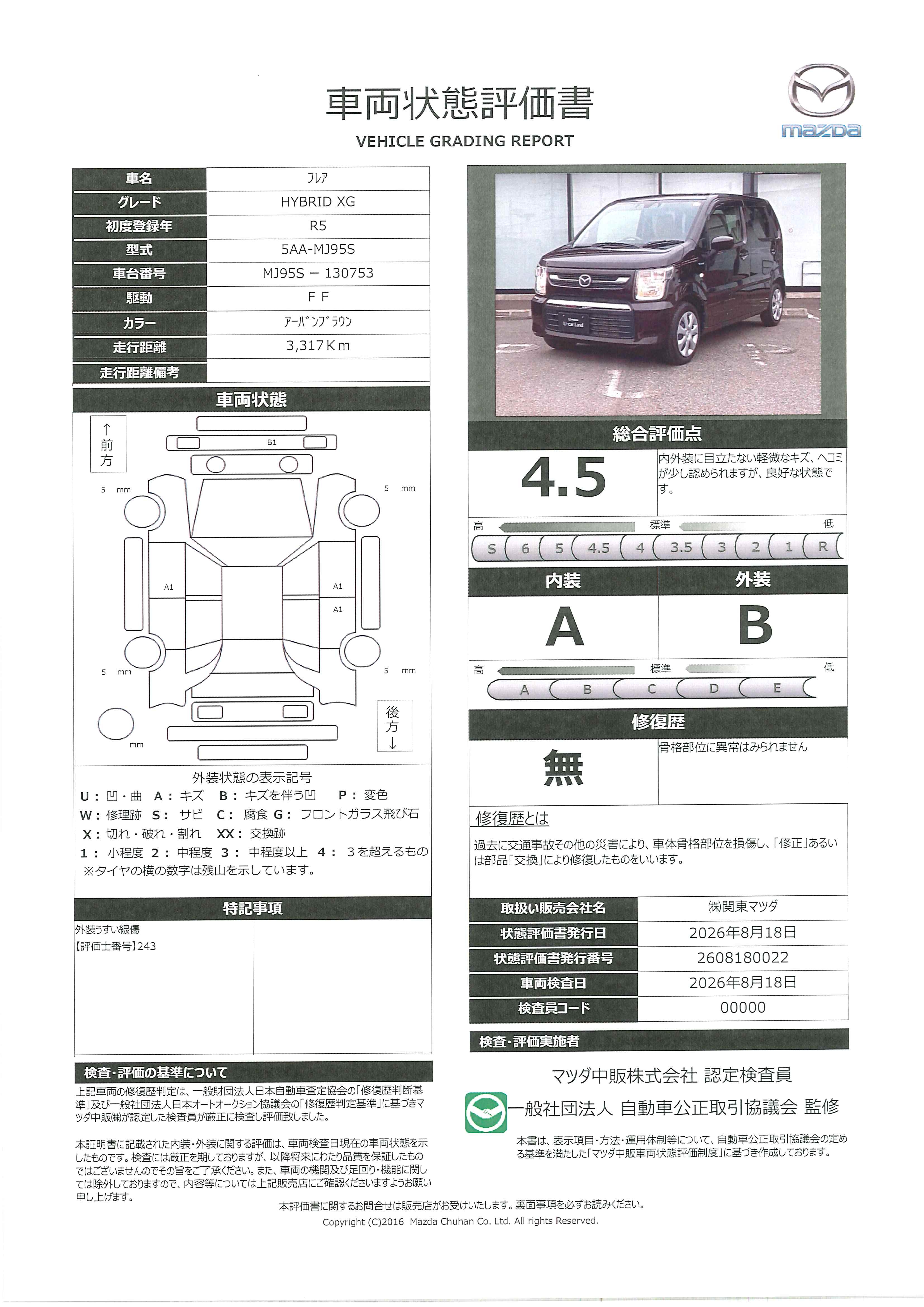 【フレア　660 ハイブリッド XGベージュ内装　ハロゲンヘッドランプ　CDステレオ　720ri009】の車両評価書｜関東マツダ　U-CAR NET ユーカーネット