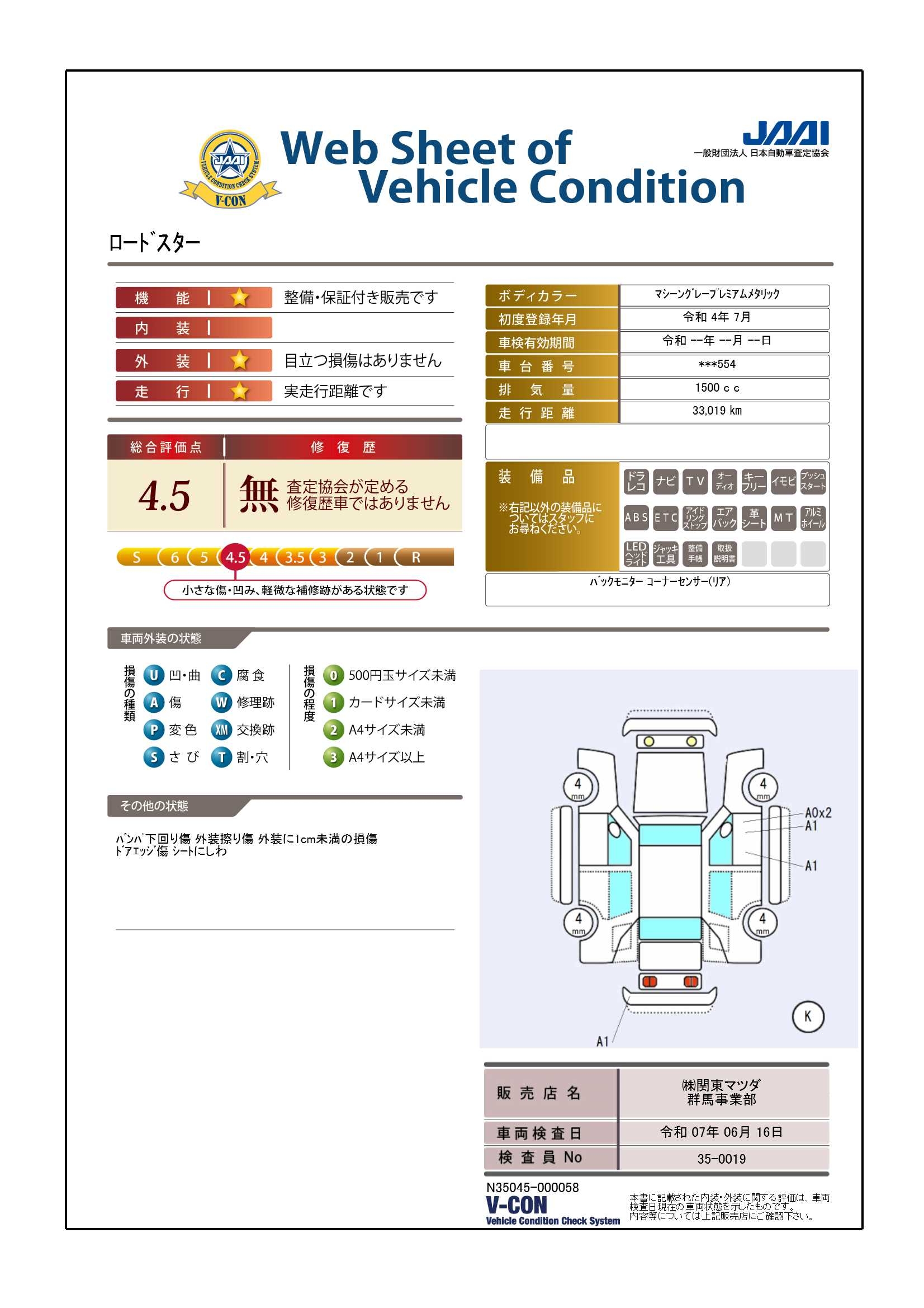 【ロードスター　1.5 ネイビー トップ6MF　723qf005】の車両評価書｜関東マツダ　U-CAR NET ユーカーネット