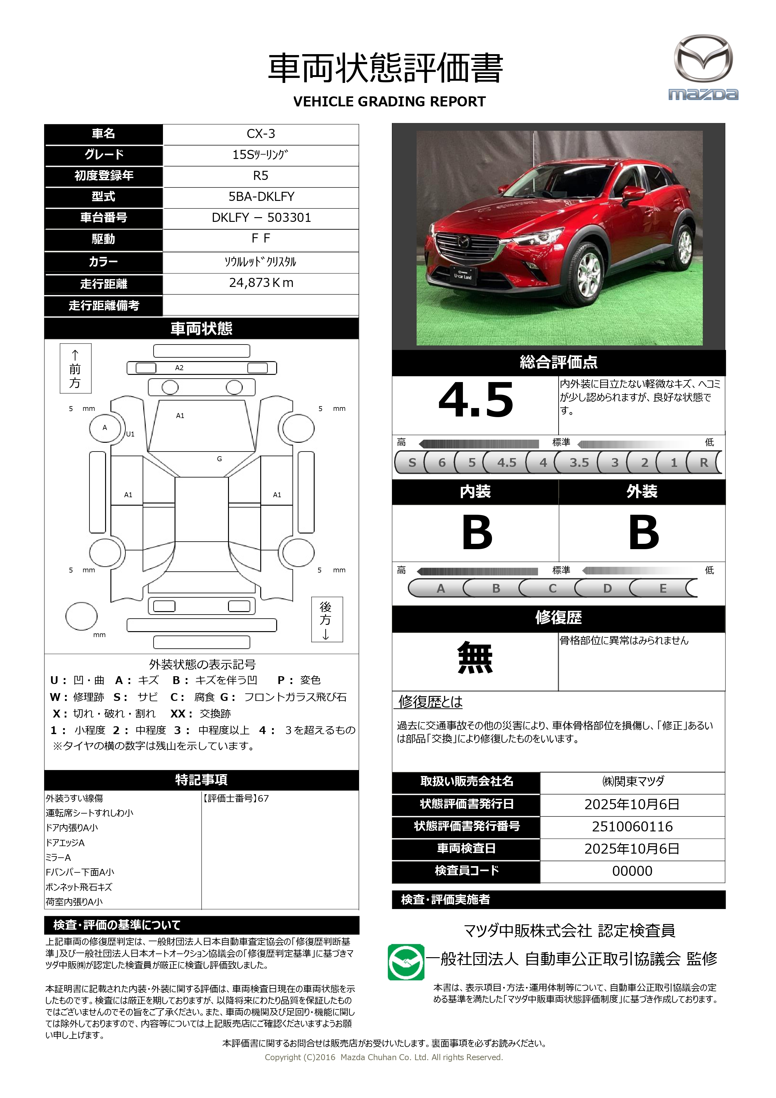 【CX-3　1.5 15S ツーリング　723qi013】の車両評価書｜関東マツダ　U-CAR NET ユーカーネット