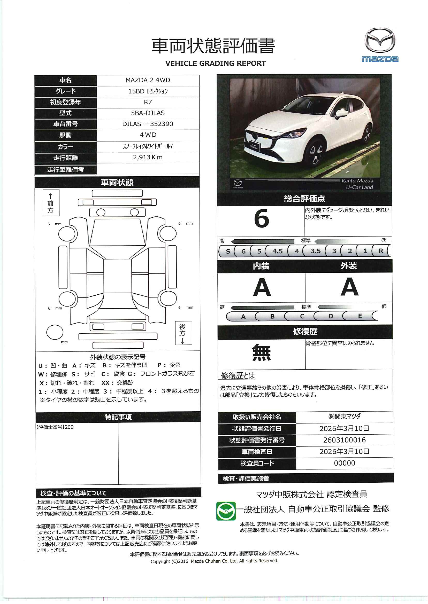 【MAZDA2　1.5 15BD i セレクション 4WD　723rc003】の車両評価書｜関東マツダ　U-CAR NET ユーカーネット