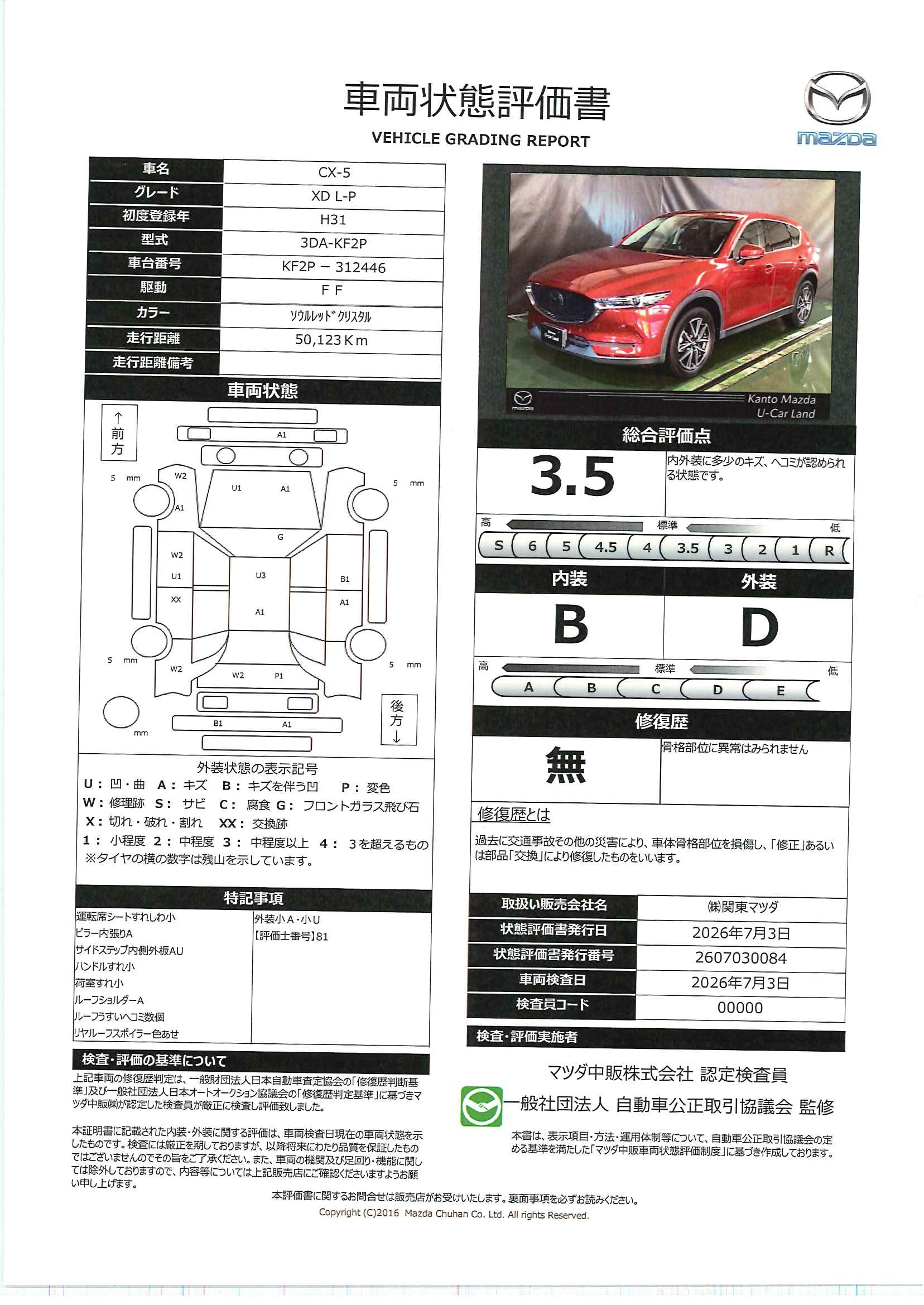 【CX-5　2.2 XD Lパッケージ ディーゼルターボ　723rf009】の車両評価書｜関東マツダ　U-CAR NET ユーカーネット