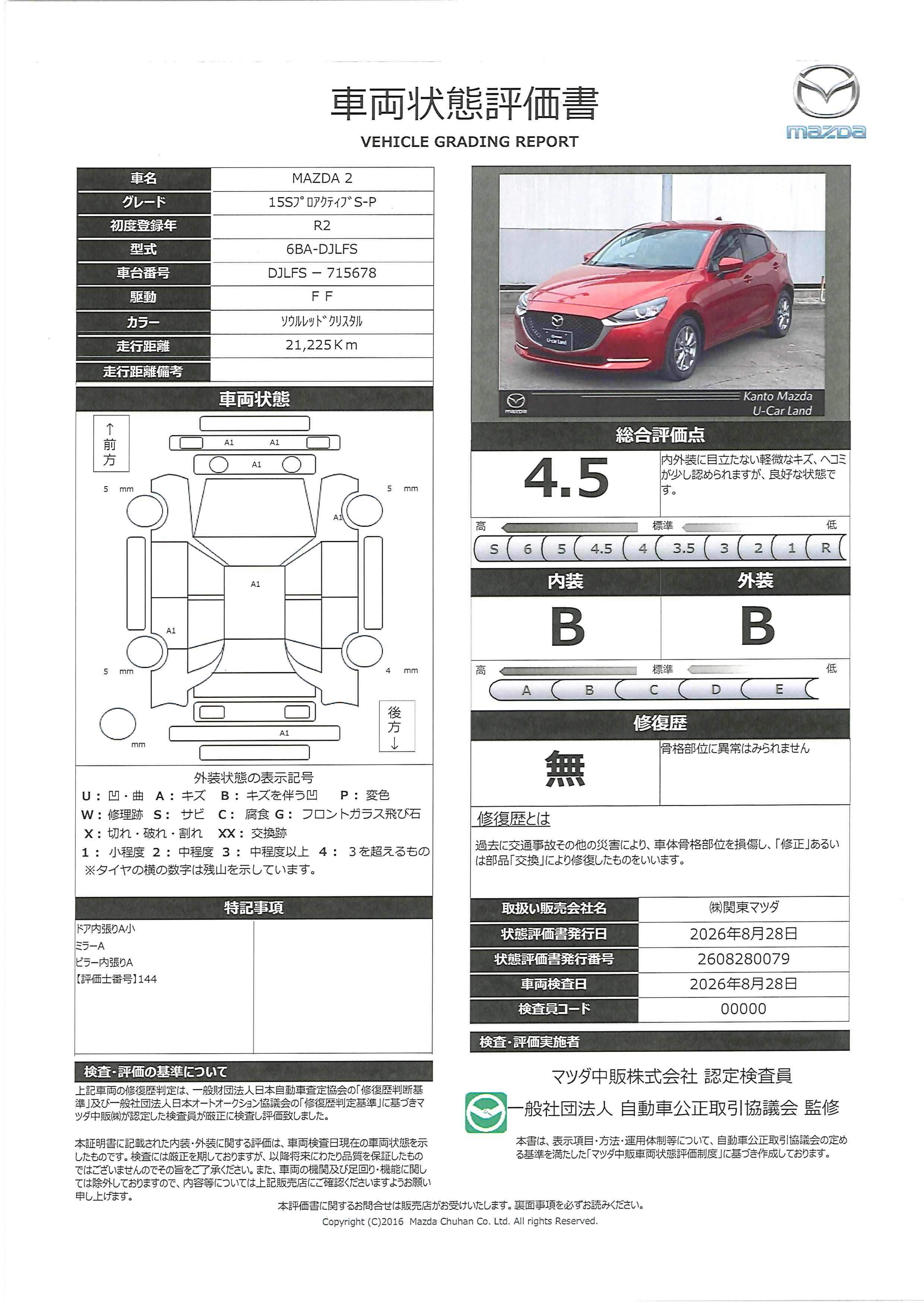【MAZDA2　1.5 15S プロアクティブ Sパッケージマツダコネクトナビ　ETC　CD DVD　フルセグ　15インチアルミ　クルーズコントロール　アドバンスSCBS 　AT誤発進抑制制御　723rh010】の車両評価書｜関東マツダ　U-CAR NET ユーカーネット
