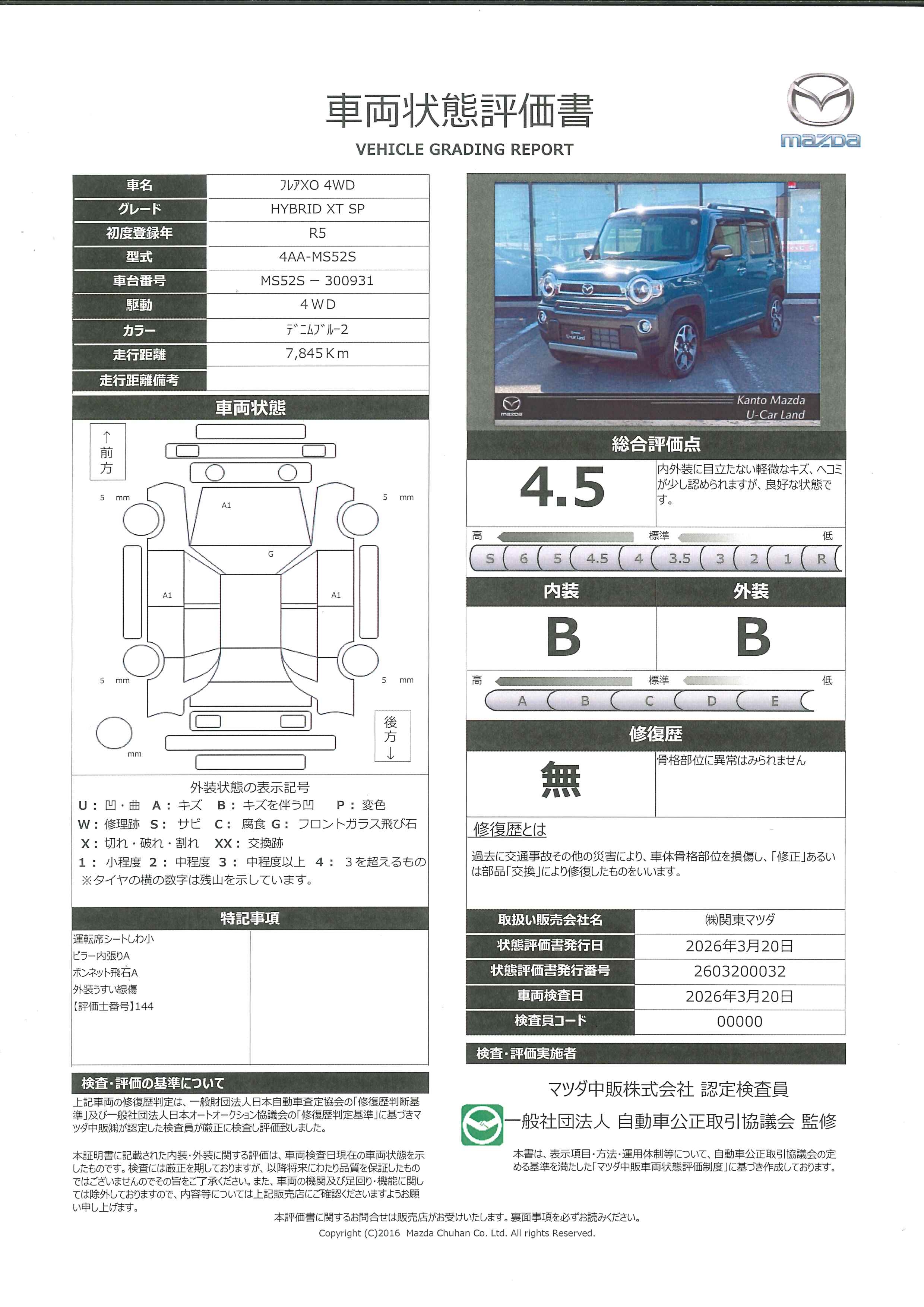 【FLAIR CROSSOVER　660 HYBRID XT Special 4WDメモリーナビ 全方位モニター TV ドラレコ ETC2.0 15AW　714rf002】の車両評価書｜関東マツダ　U-CAR NET ユーカーネット