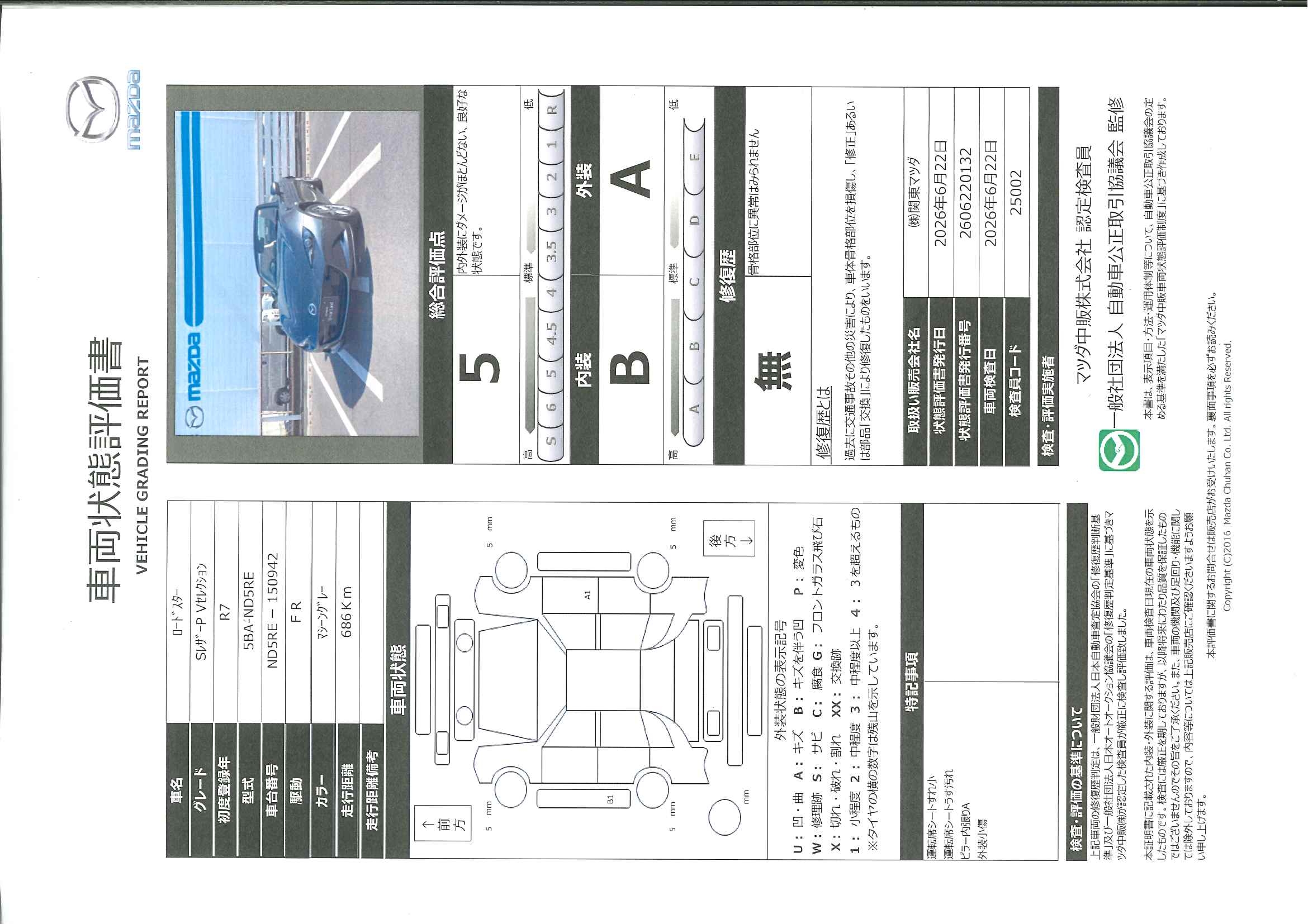 【ロードスター　1.5 S レザーパッケージ V セレクション当社デモアップカー　722rf001】の車両評価書｜関東マツダ　U-CAR NET ユーカーネット